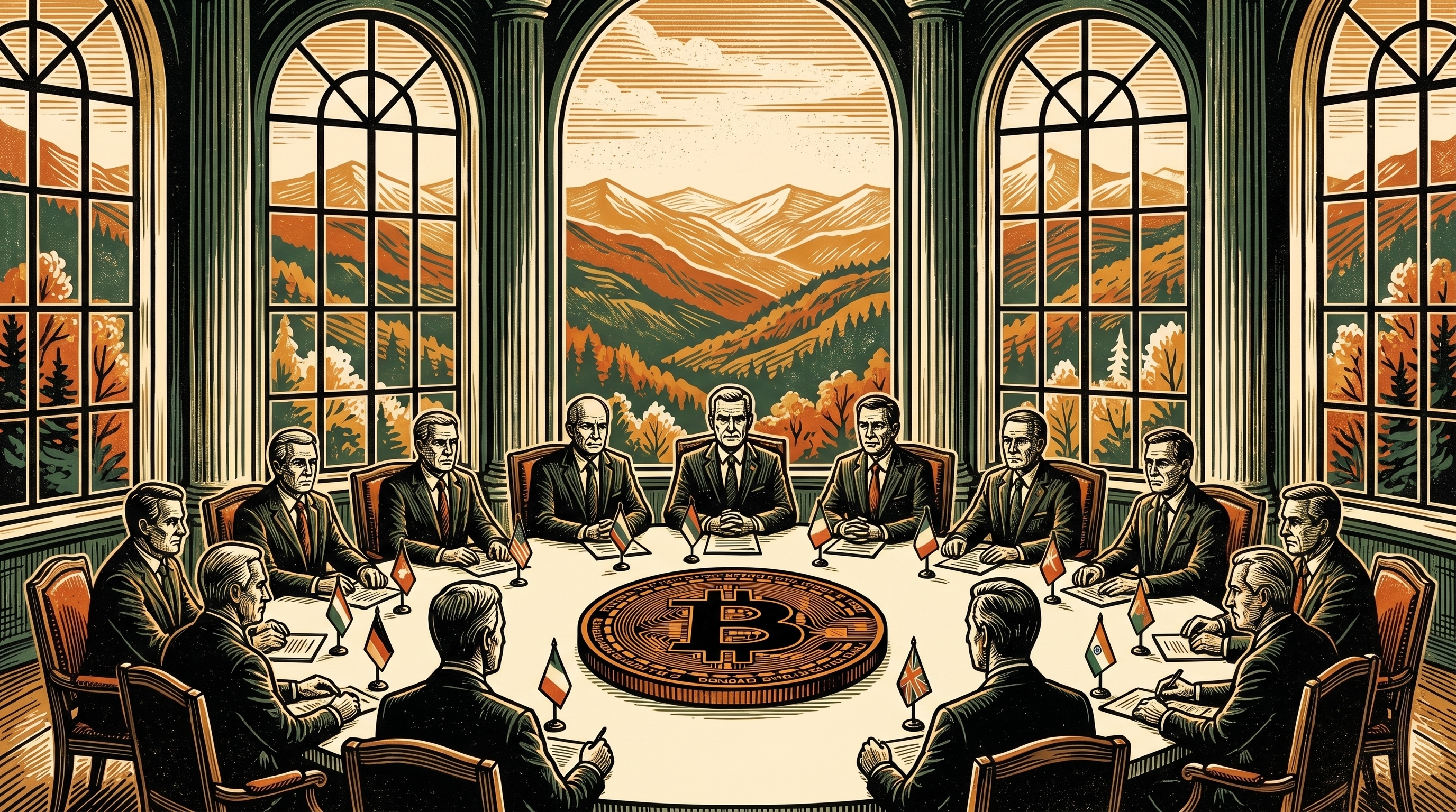 A conference hall in the Blue Ridge mountains, finance ministers around a round table with national flags and a bitcoin coin at the center, three-color linocut