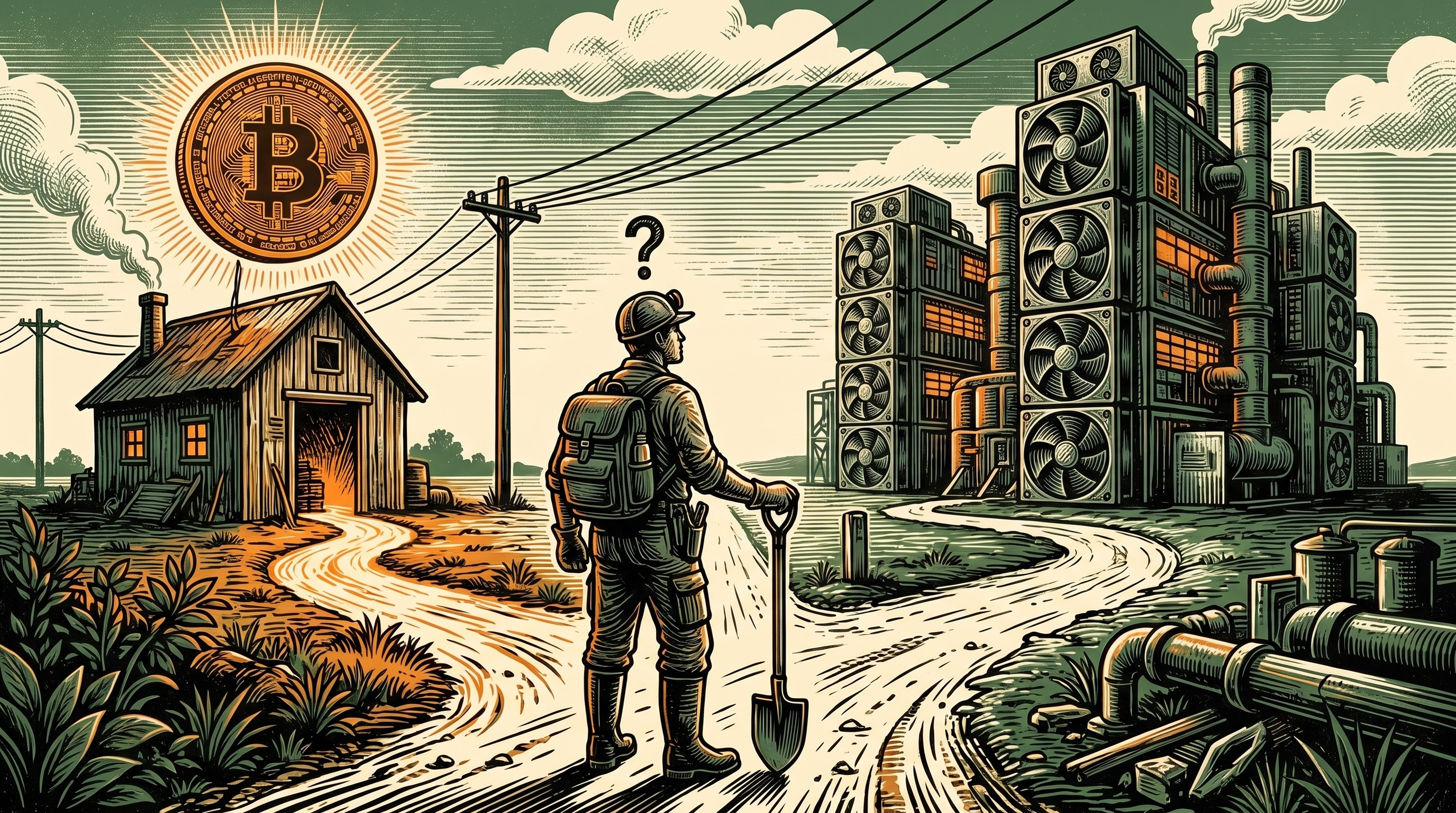 A fork in a dirt road, one path to a sunlit bitcoin-mining shed, the other to a towering AI data center, a lone miner deciding at the junction, three-color linocut