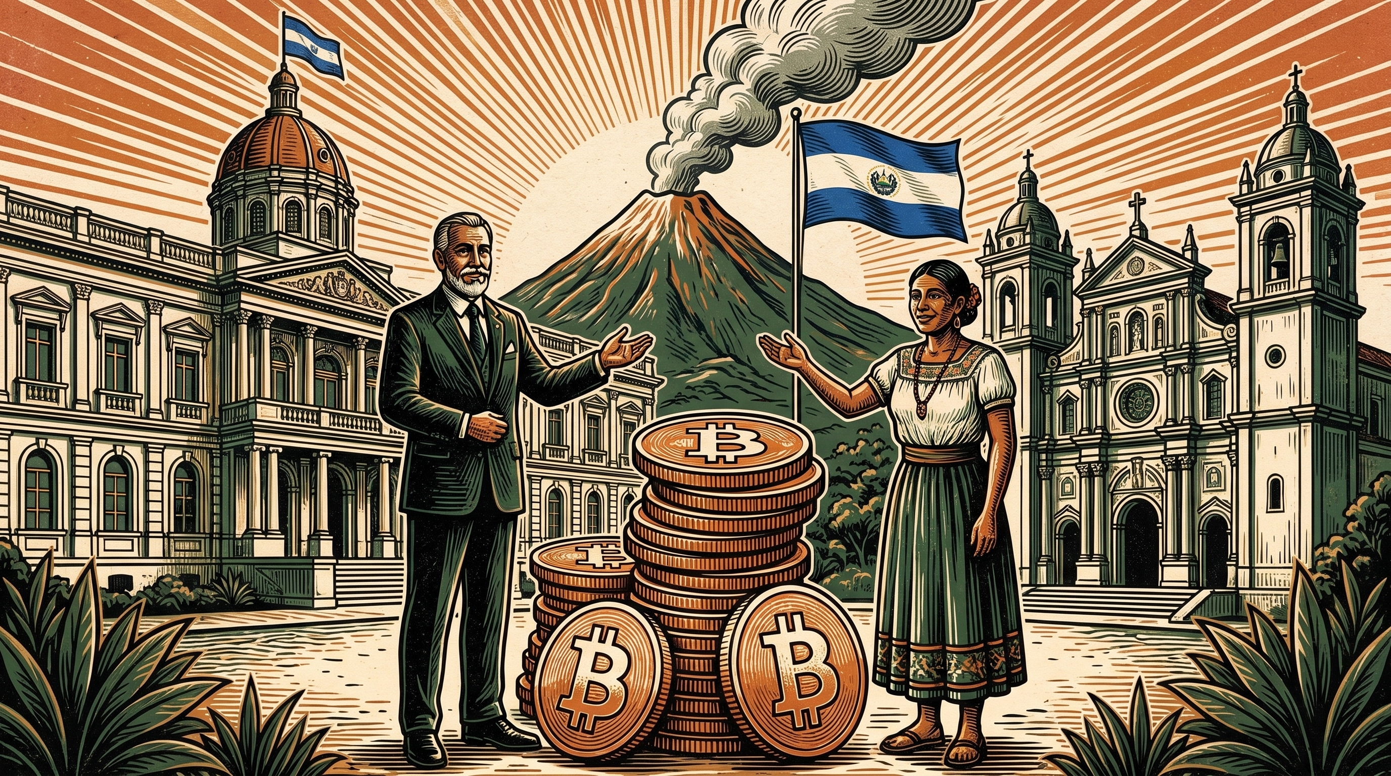 Officials beside a growing stack of bitcoin coins outside El Salvador's presidential palace, volcano and flag, linocut