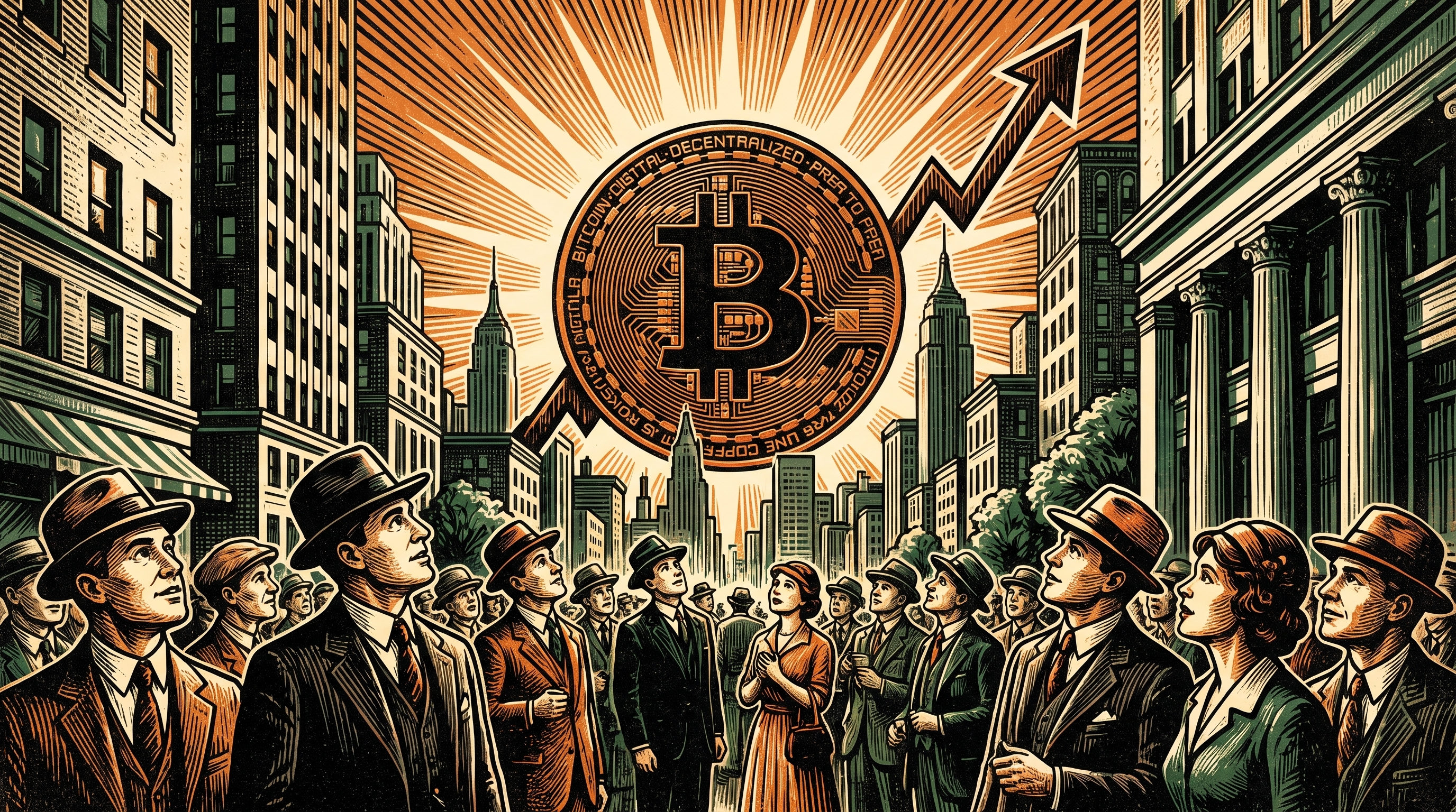 A crowd watching a bitcoin coin rise like the sun over a city skyline with a steep upward price line, linocut