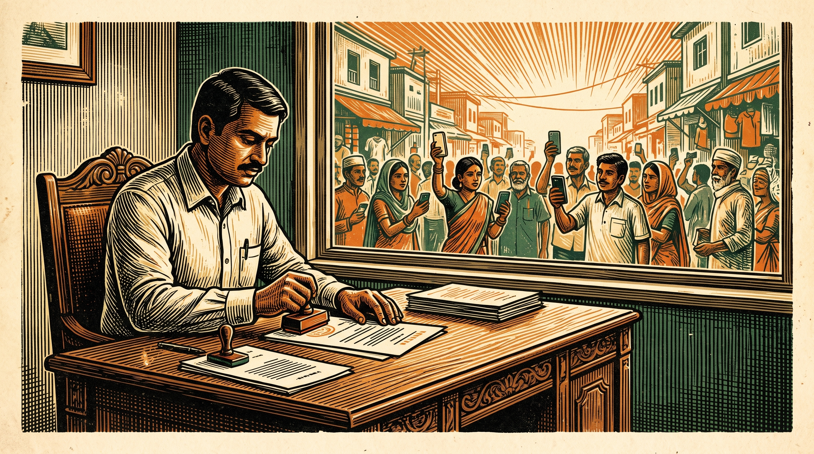 A South Asian regulator stamping license documents at a desk while, through the window, people in a street market trade bitcoin on phones, three-color linocut