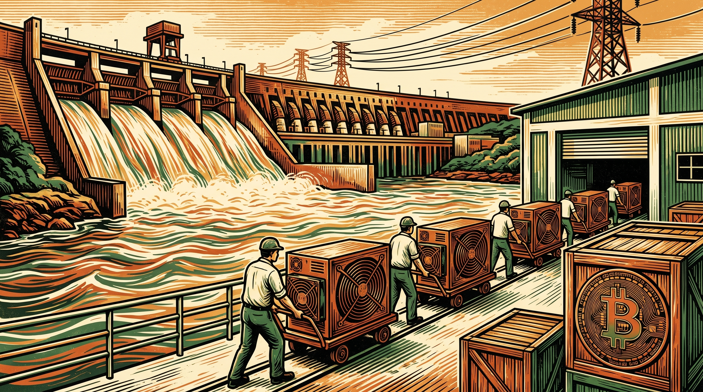 Workers wheel confiscated mining machines into a substation at Paraguay's Itaipu dam, power lines overhead, linocut