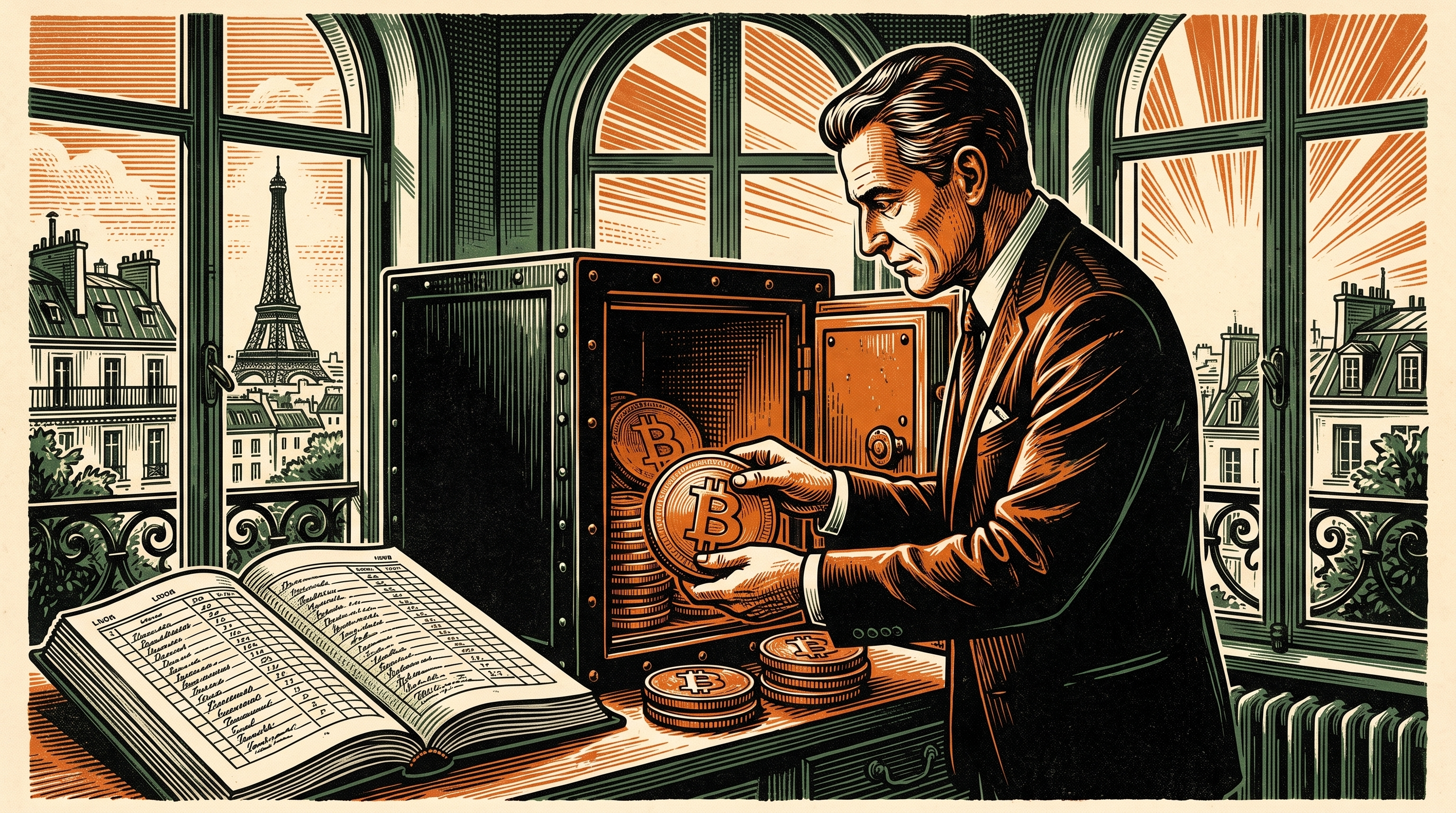 A Paris office with the Eiffel Tower in the window, an executive placing bitcoin into an iron vault, linocut