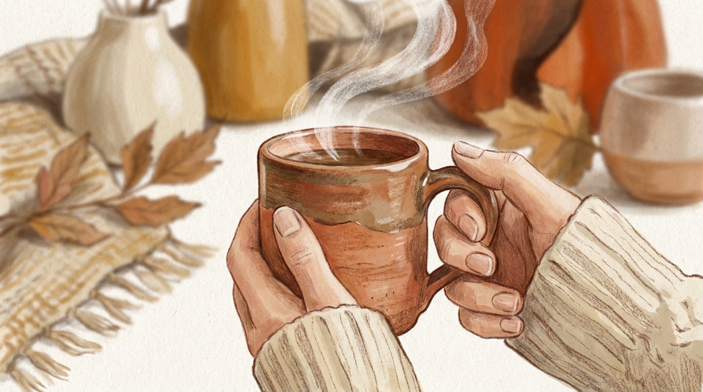 Hands holding a warm ceramic mug of cacao, steam rising