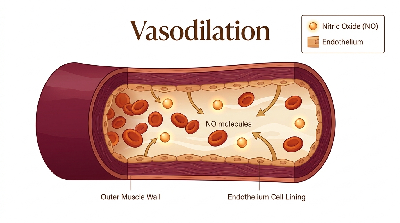 Scientific cross-section diagram of a blood vessel showing nitric oxide and vasodilation
