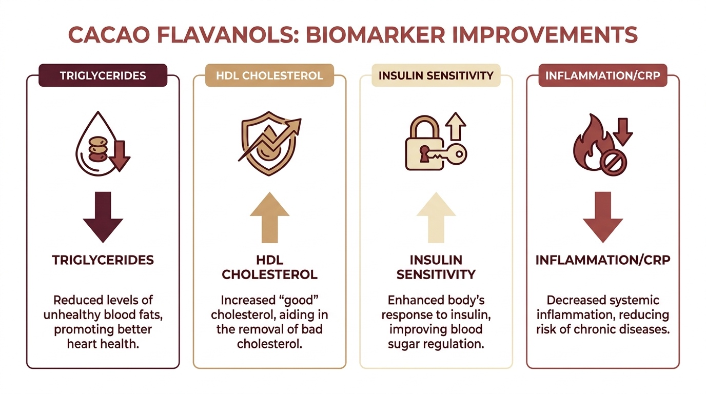 Four-panel infographic showing cacao flavanol effects on triglycerides, HDL cholesterol, insulin sensitivity, and inflammation