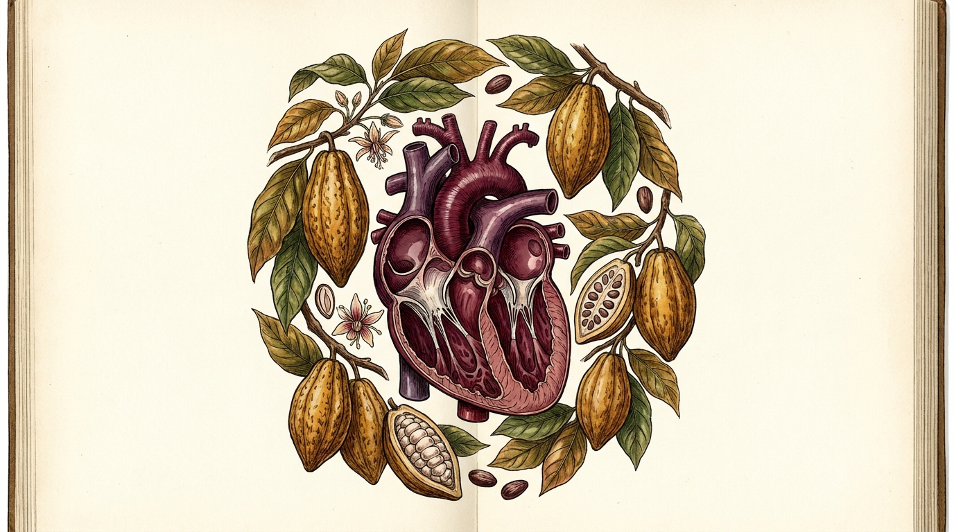 Botanical illustration of a human heart surrounded by cacao pods and leaves