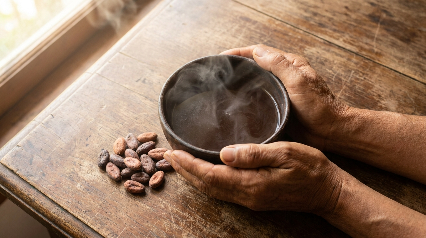 Hands cradling a dark ceramic bowl of cacao drink in morning light