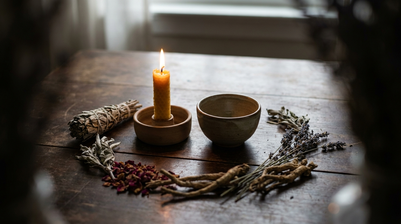 Softly lit ritual table with candle, ceramic vessel, and dried botanicals