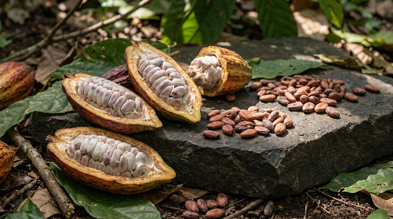 Split open cacao pods revealing beans on dark stone surface