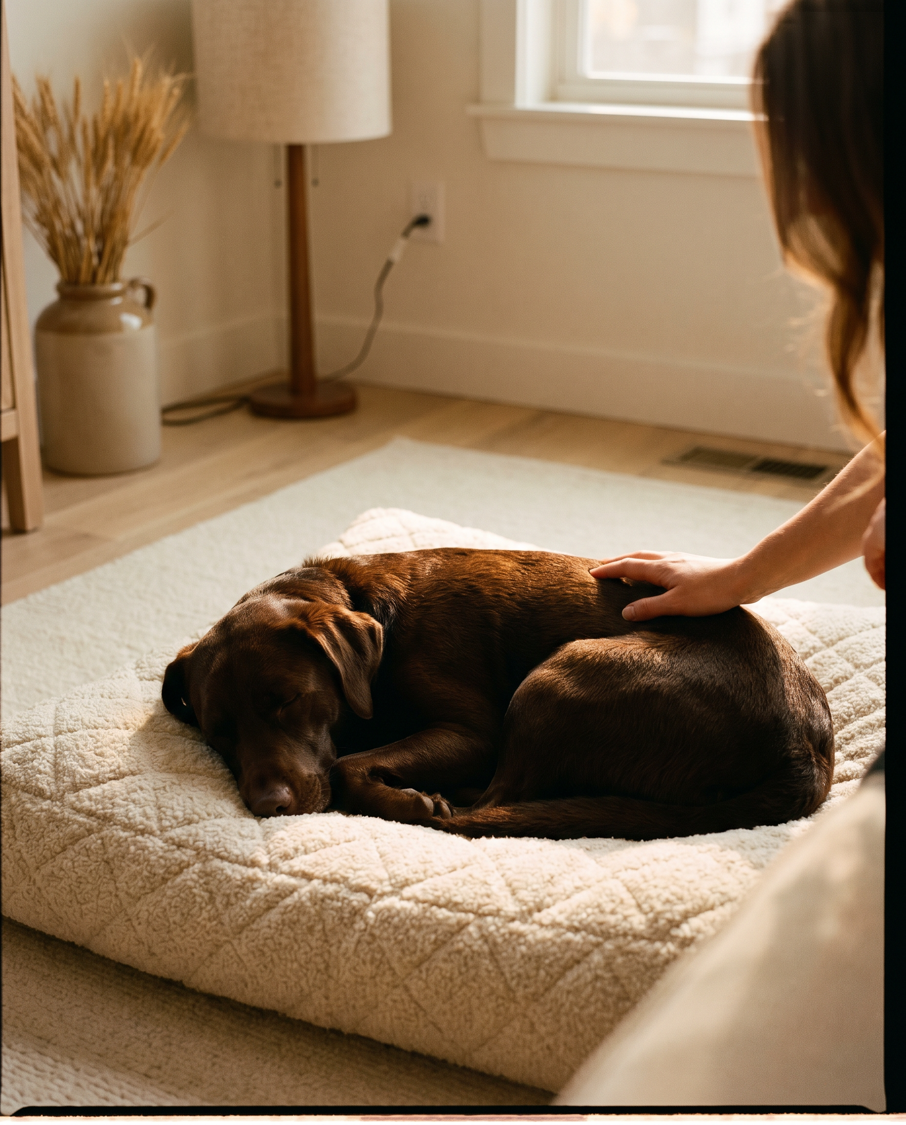 A hand resting gently on a peacefully sleeping dog curled up on a plush cream bed in warm morning light