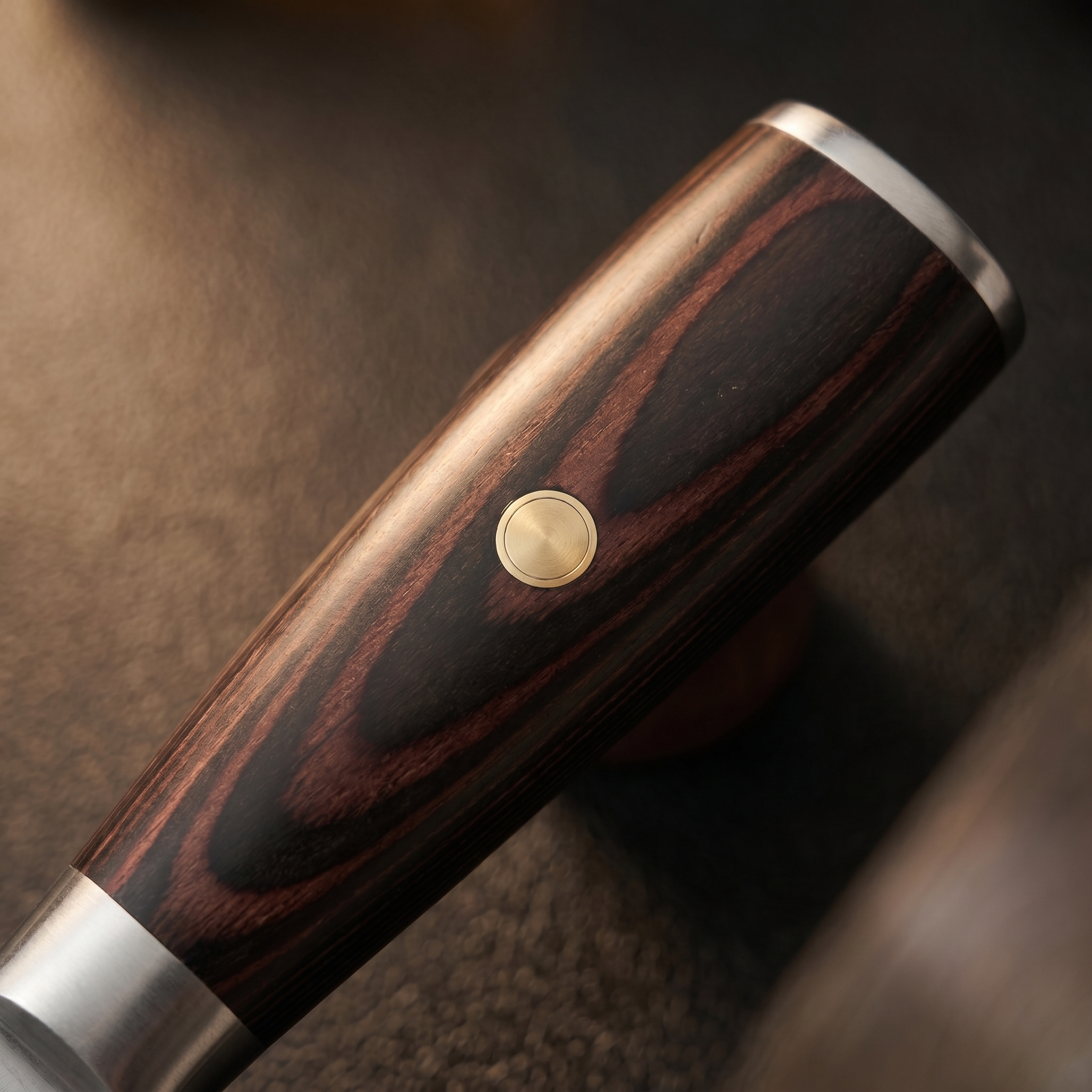 Pakkawood knife handle with brass rivet, stabilized hardwood detail