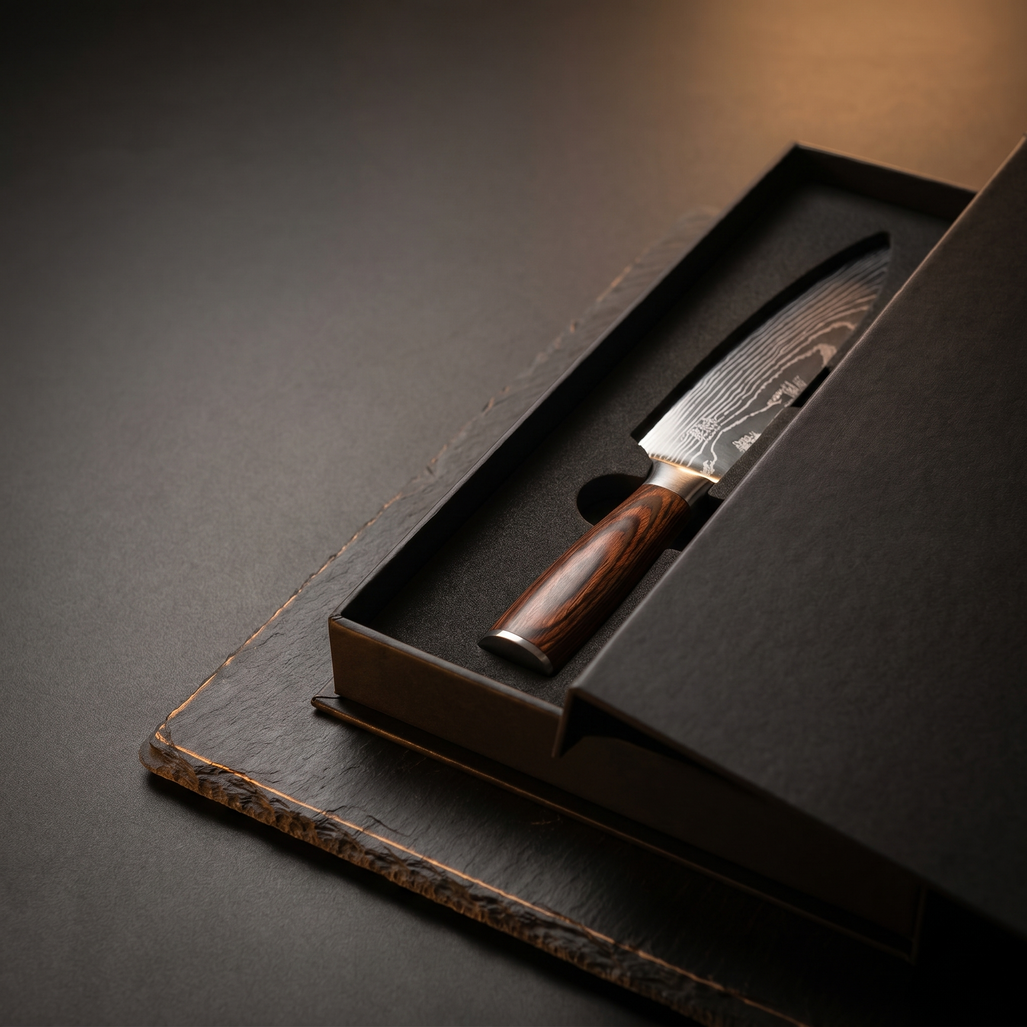 Foam-insert presentation box for 6-piece Damascus knife set, gift-ready