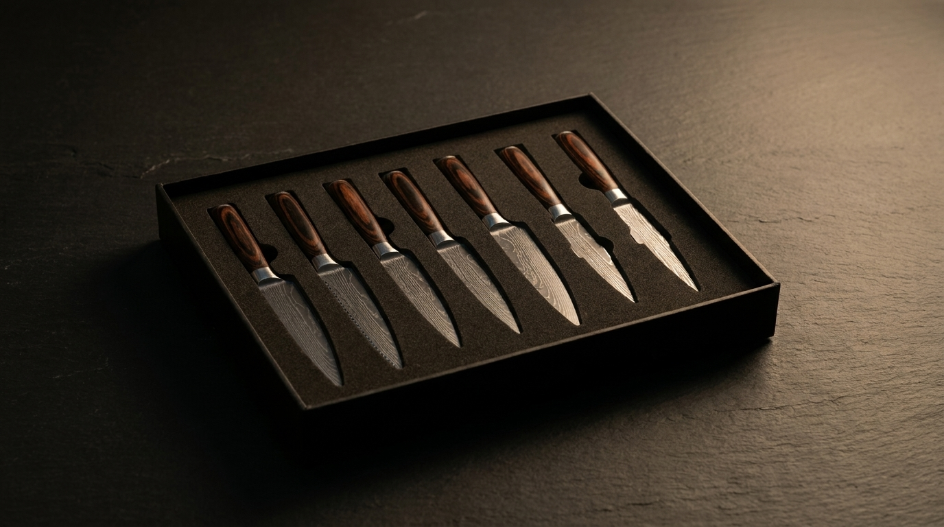 Damascus Knife Set, 6 Pieces with Sharpener — Damascus knife set in foam-insert presentation box