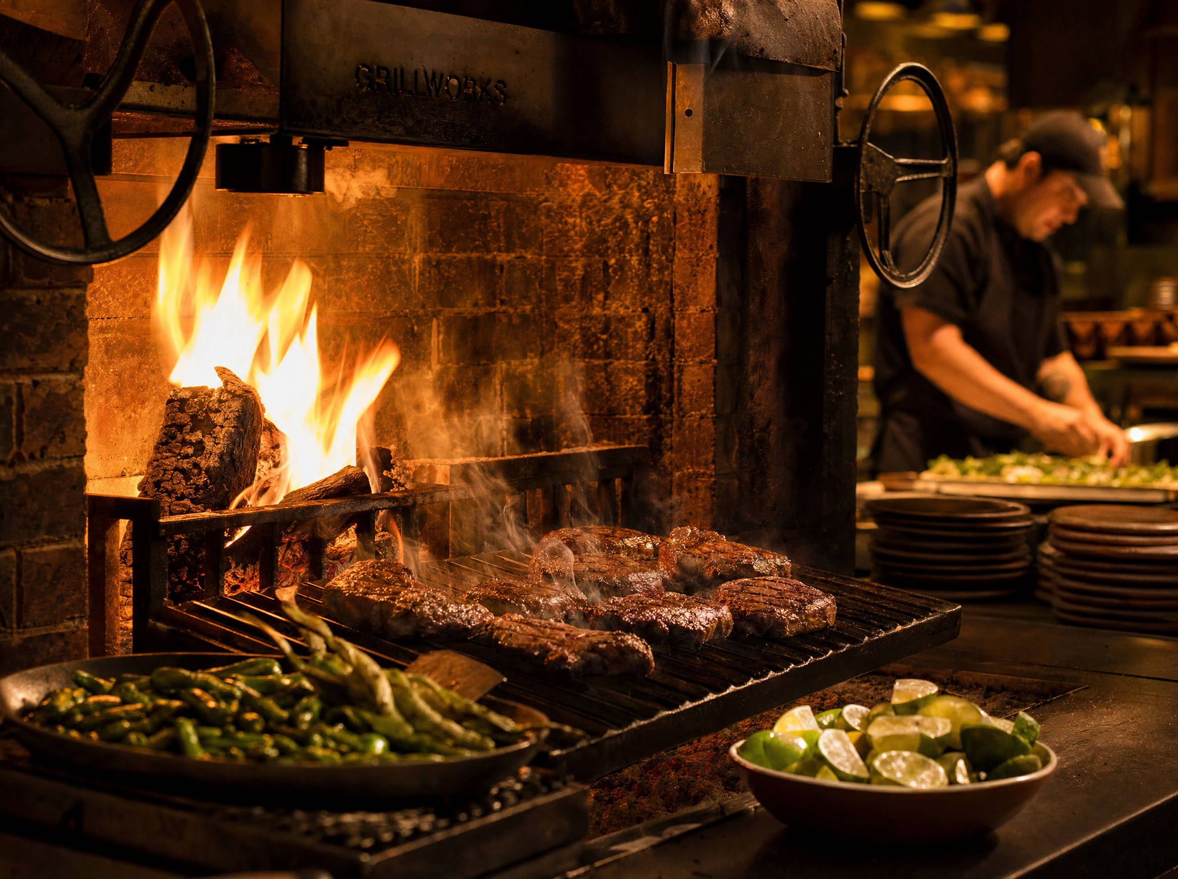 Wood-fired grill in action