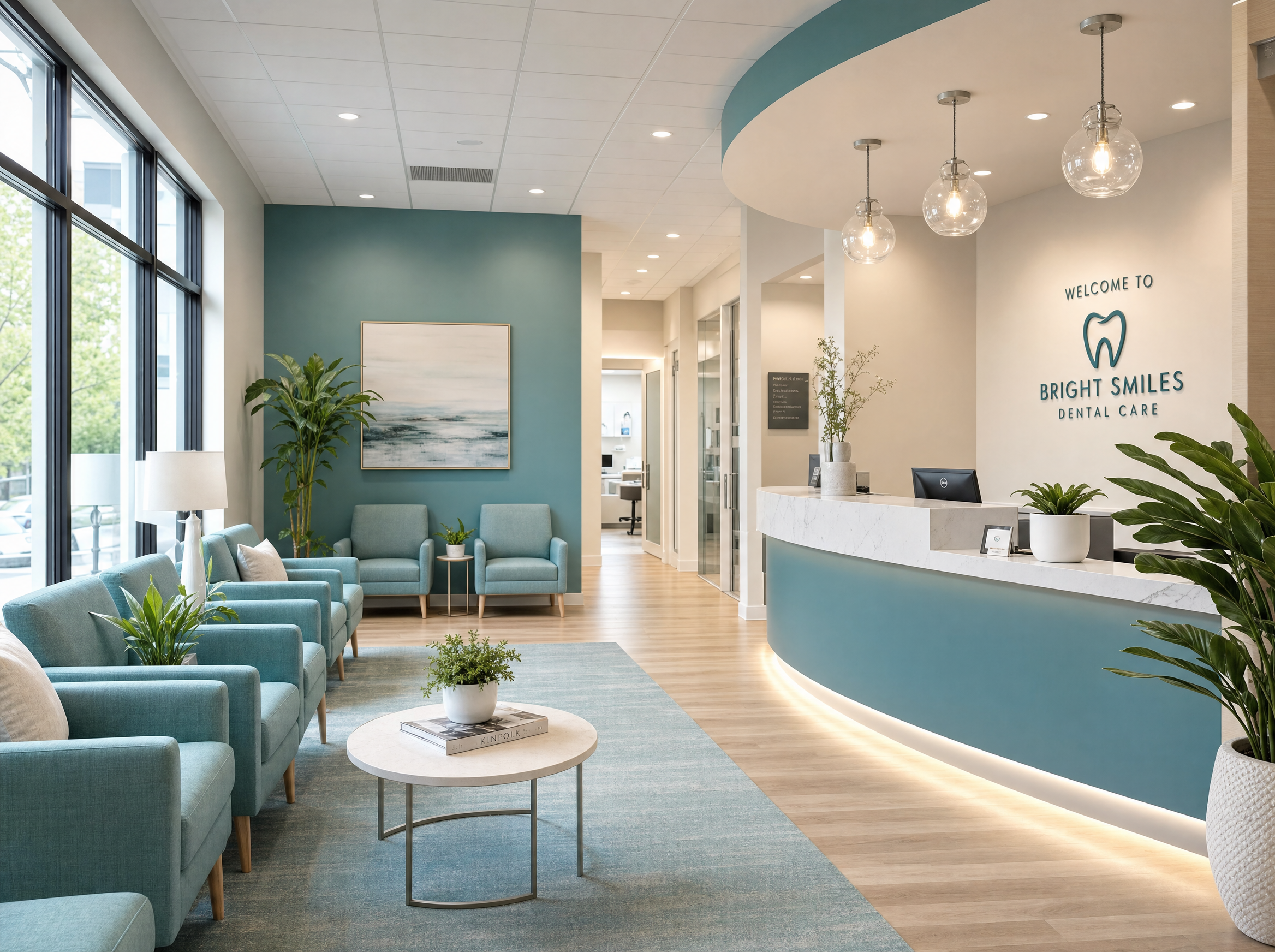 Comfortable and modern waiting room at BrightSmile Denver