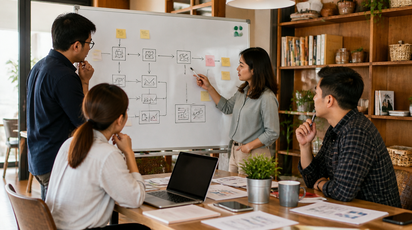 Chủ doanh nghiệp SME xem dashboard báo cáo và checklist SOP với đội ngũ