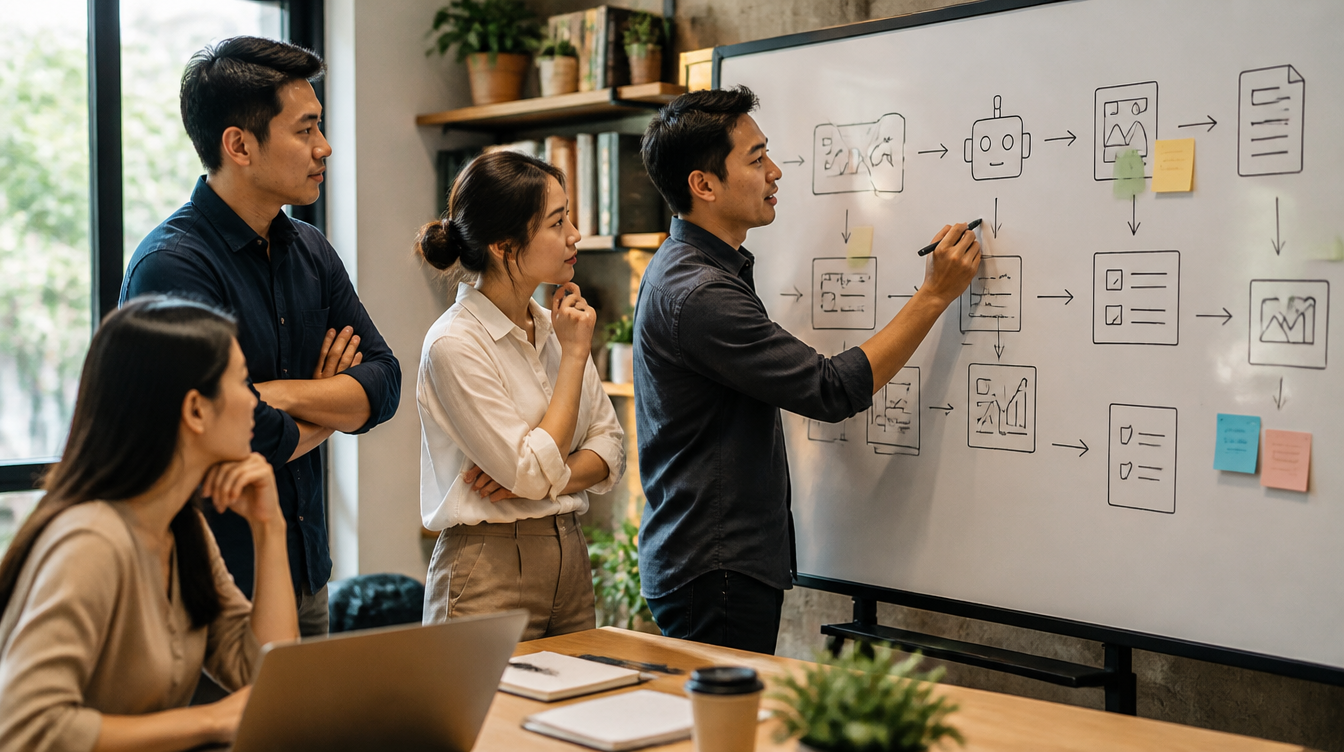 Đội ngũ SME đang mapping workflow AI trên bảng trắng