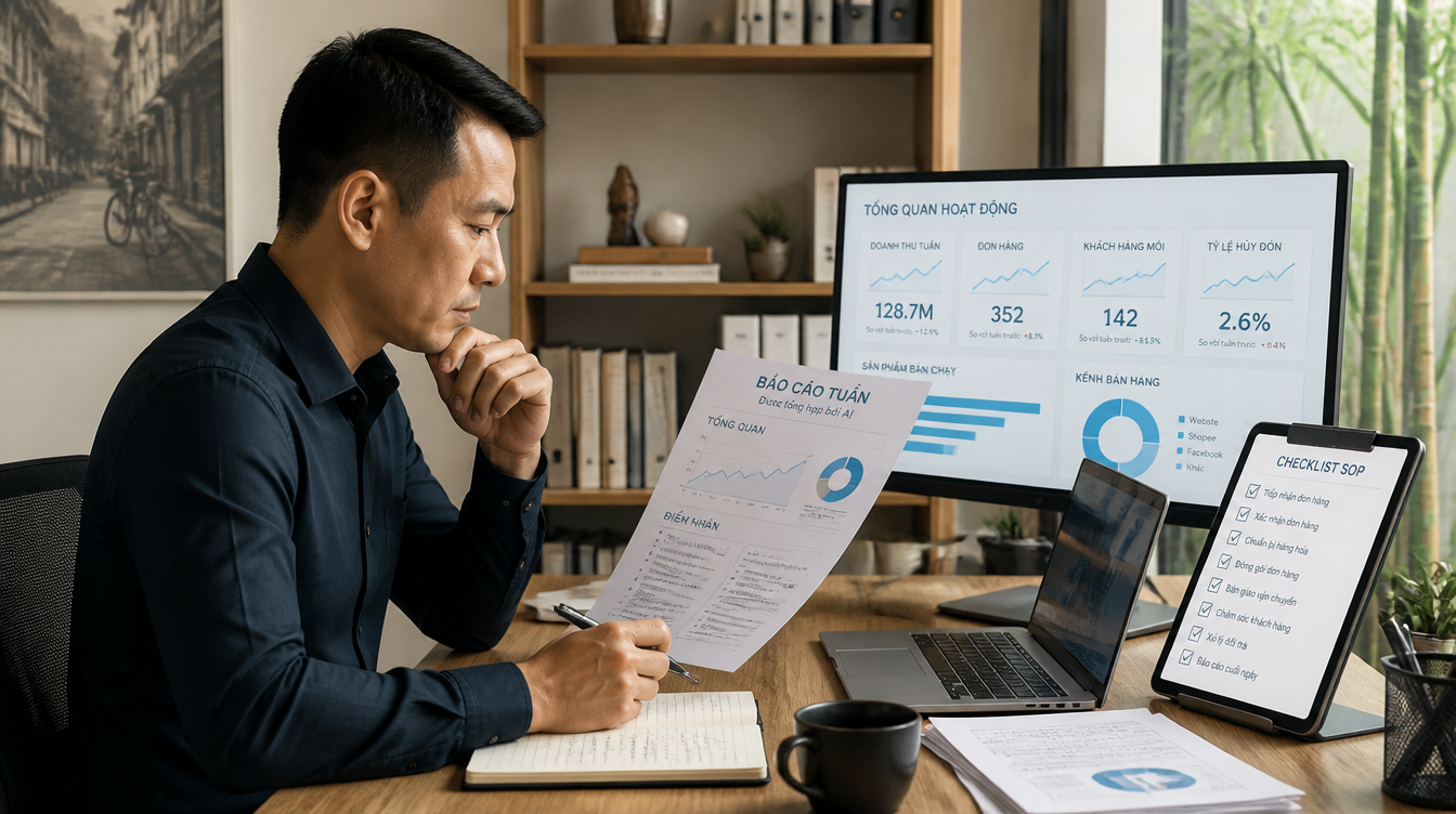 Founder kiểm báo cáo AI bằng SOP và KPI rõ ràng.