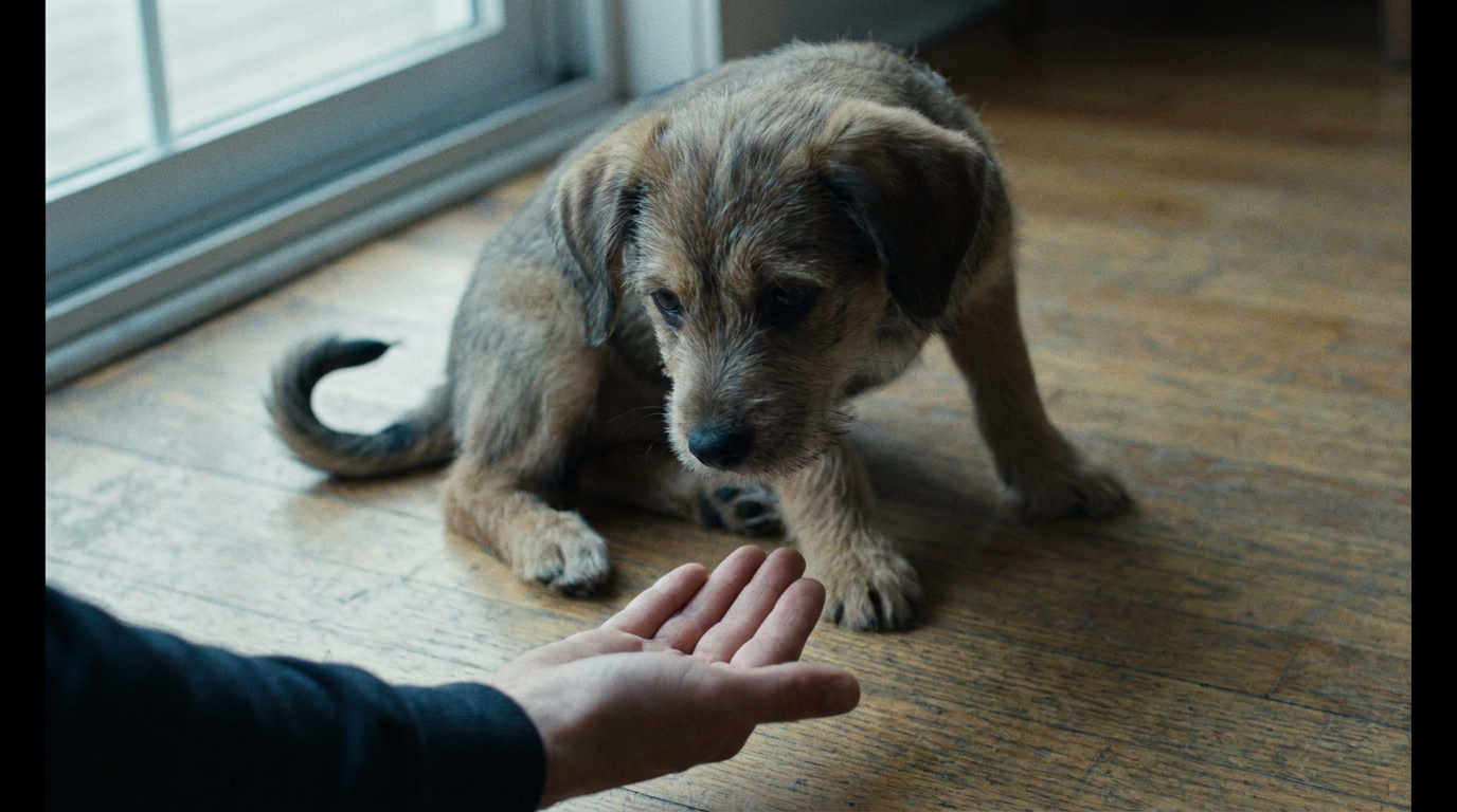Luke demonstrating the Calm Freeze technique — still, turned away from a puppy with four paws on the floor