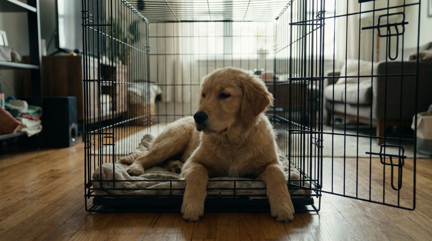 Golden Retriever puppy settled inside an open wire crate with the door open, lying down with a soft, relaxed face