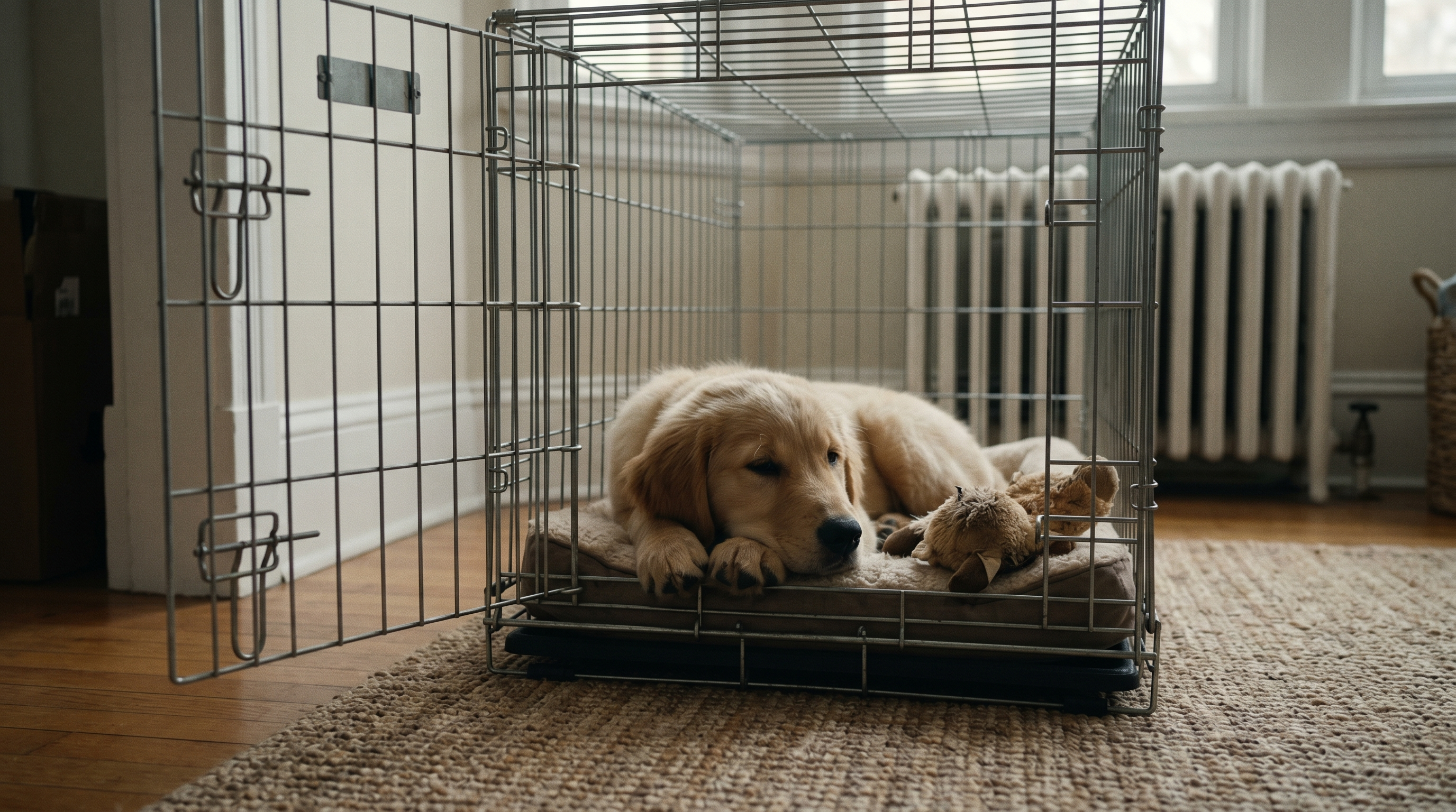 Golden Retriever puppy settled calmly inside an open crate, chin on paws, showing voluntary independence