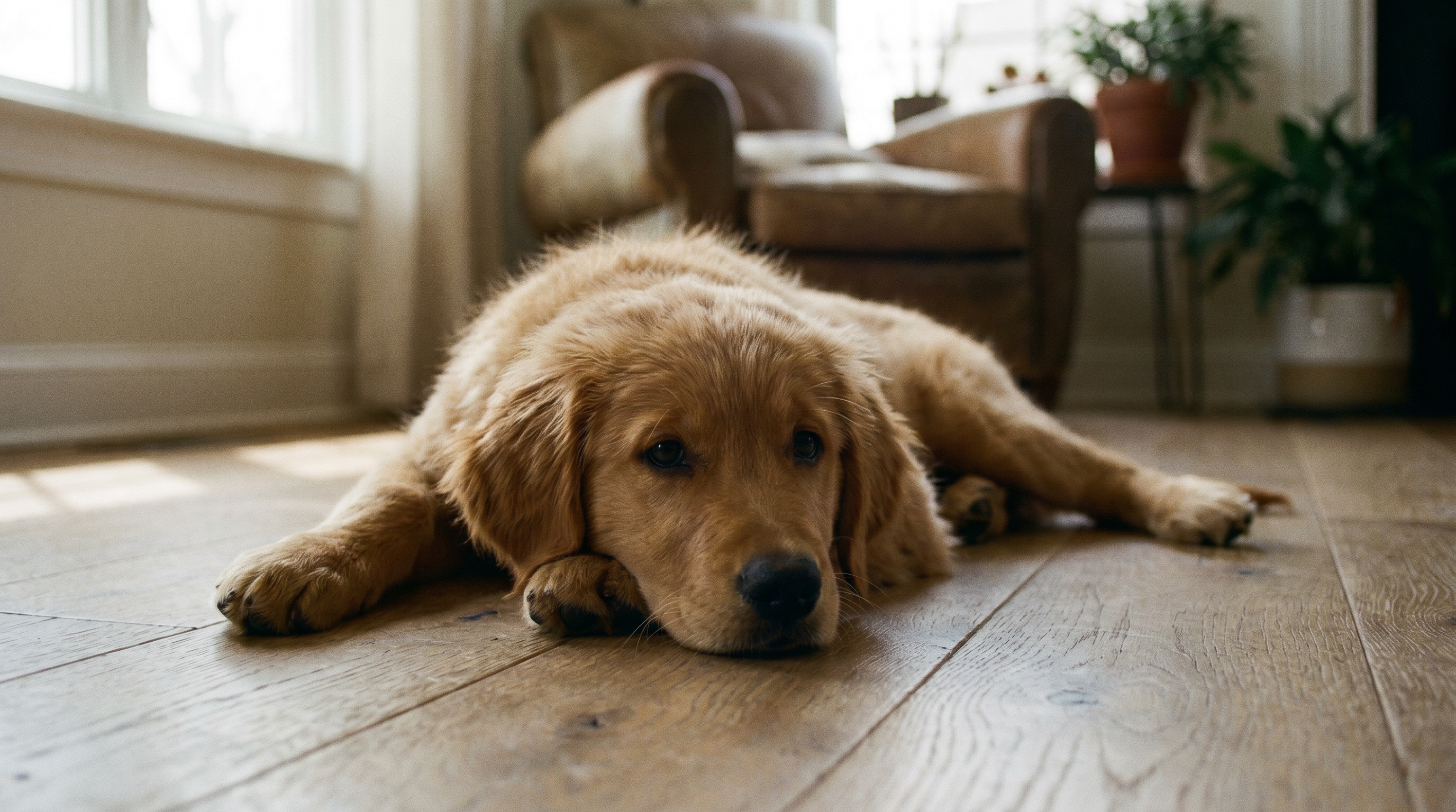 Golden Retriever puppy settled in a down position on white oak floors, calm after alerting