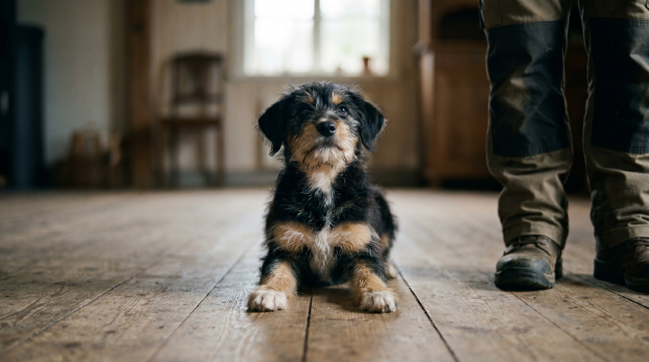 Puppy with four paws on the floor in a calm greeting position, domestic interior