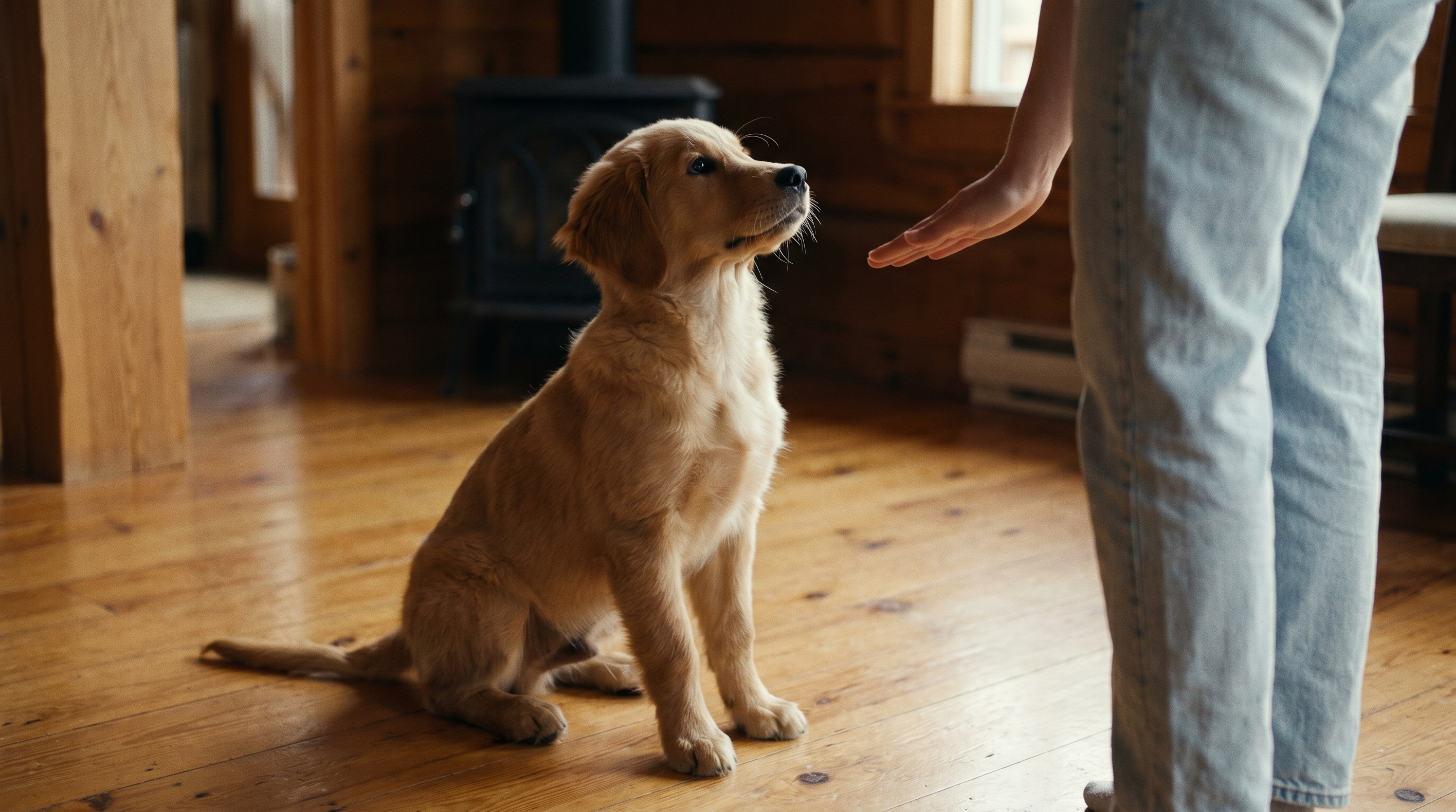 Golden Retriever puppy in a sit looking up at owner during a structured training interaction