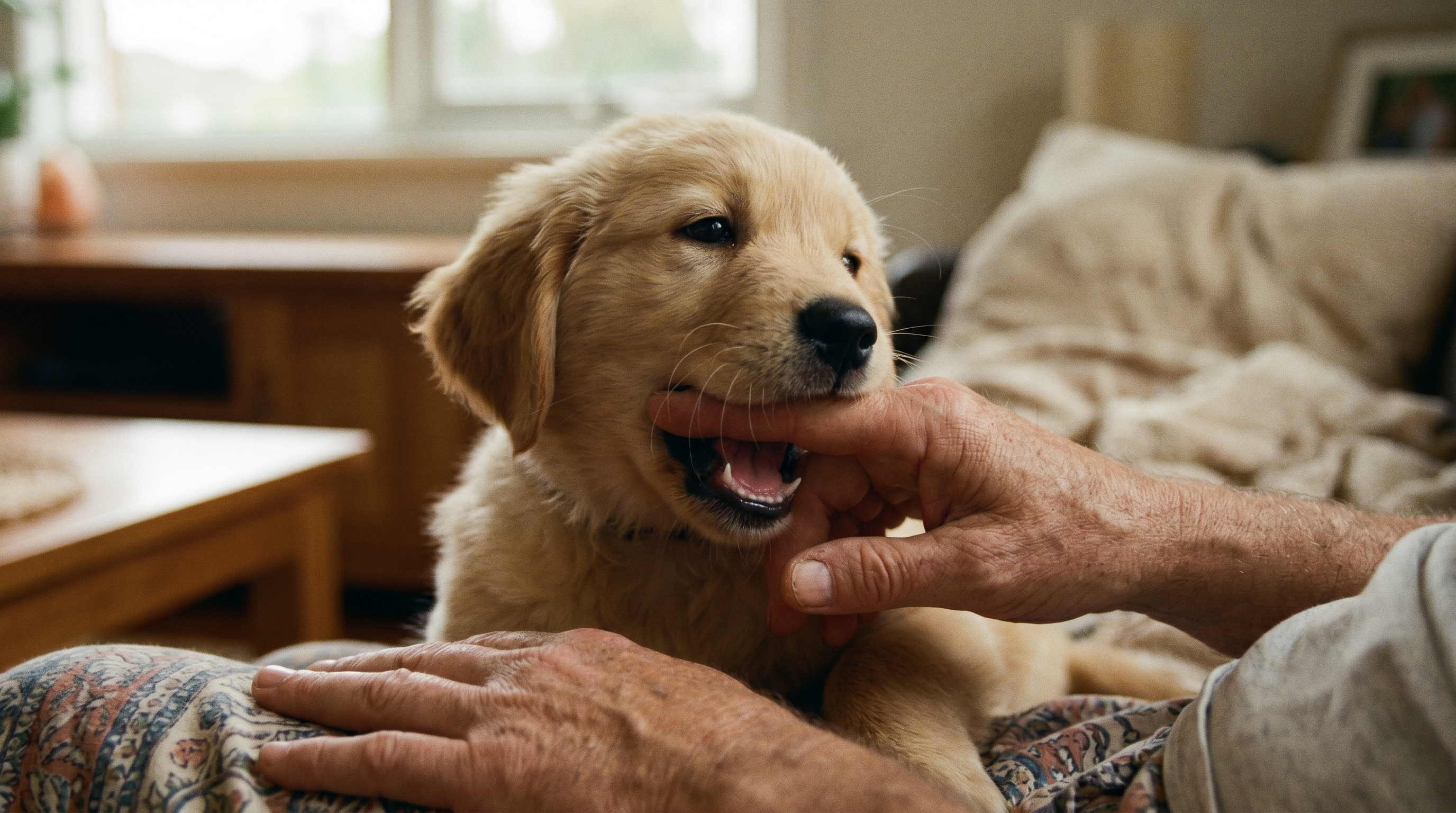 Dog owner calmly redirecting a puppy that is biting and mouthing their hand