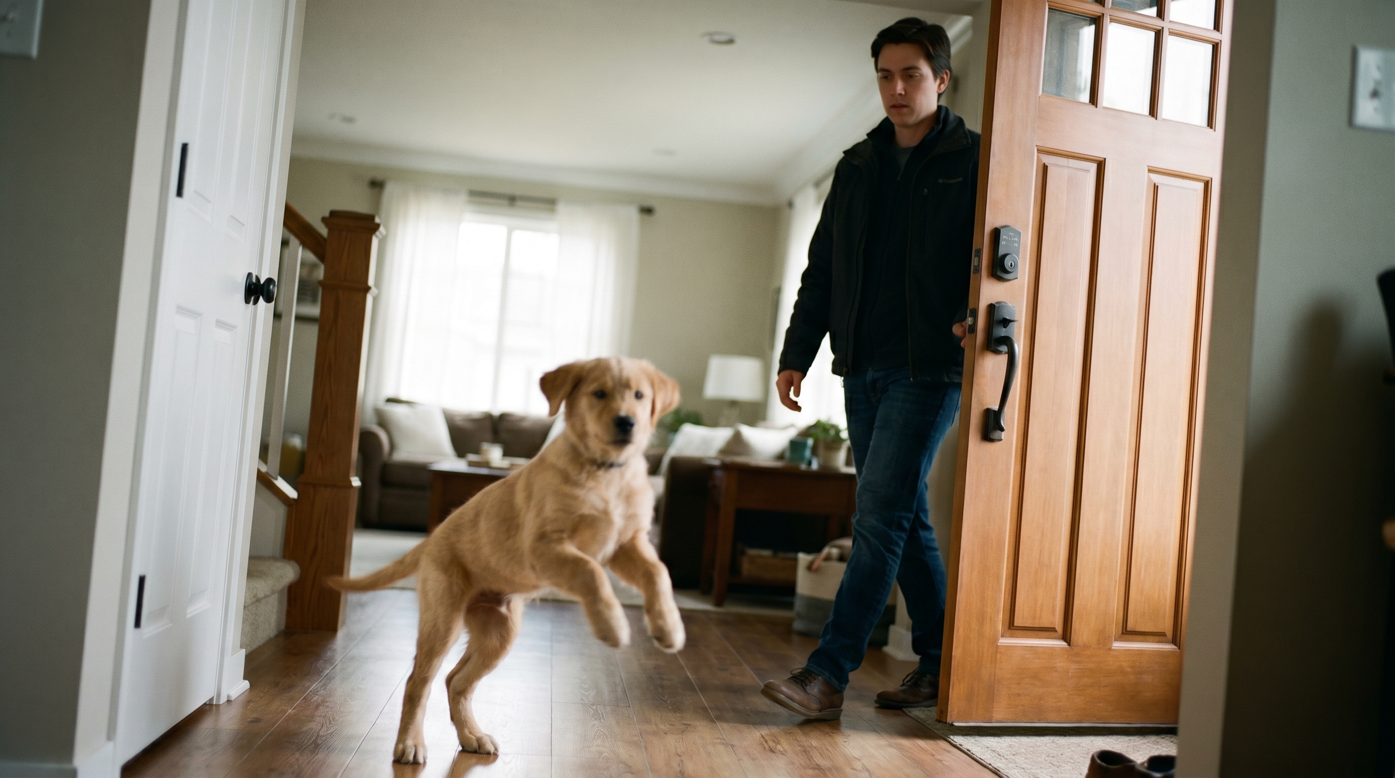 Dog owner applying a calm neutral greeting to a puppy to help with separation anxiety