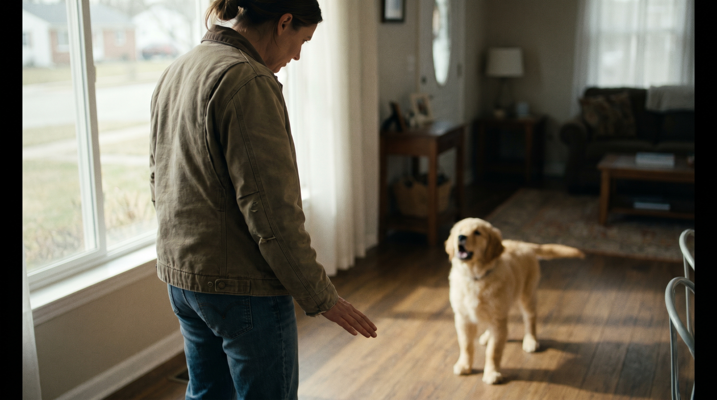 Dog trainer stepping between a barking puppy and the window using the thank-you protocol