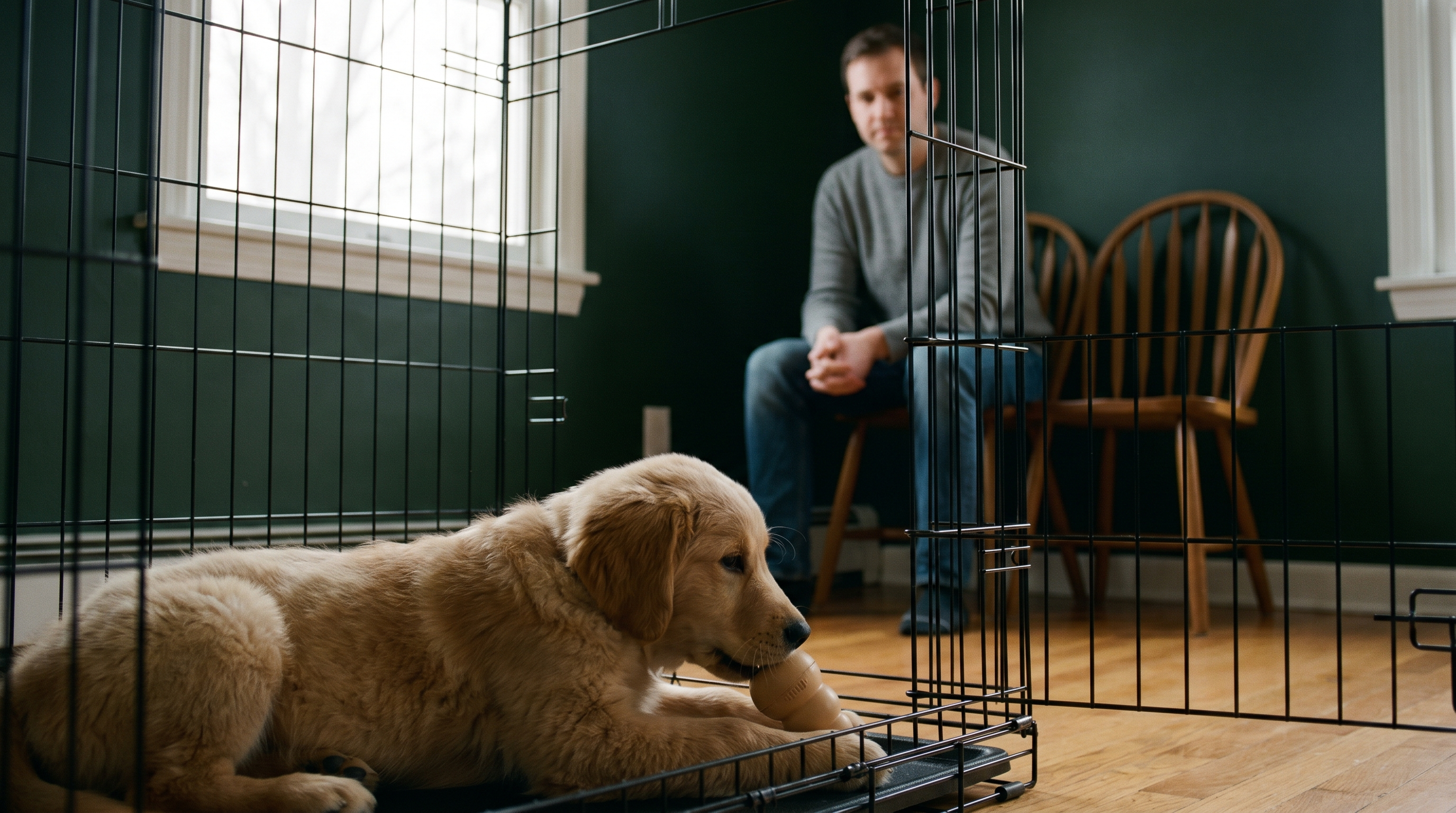 Golden Retriever puppy relaxed and settled inside an open crate during a crate training session in a Sydney home