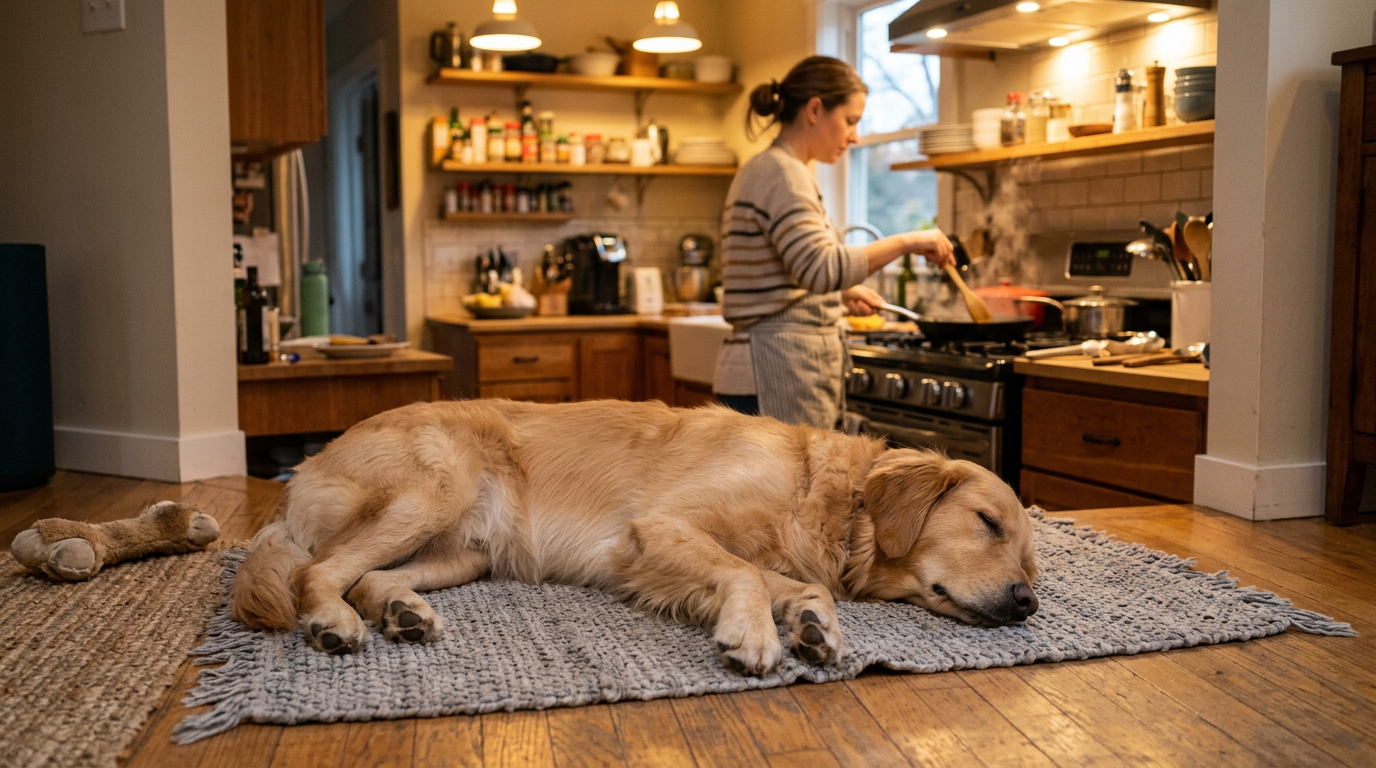 Dog settled on mat near kitchen with owner cooking in background
