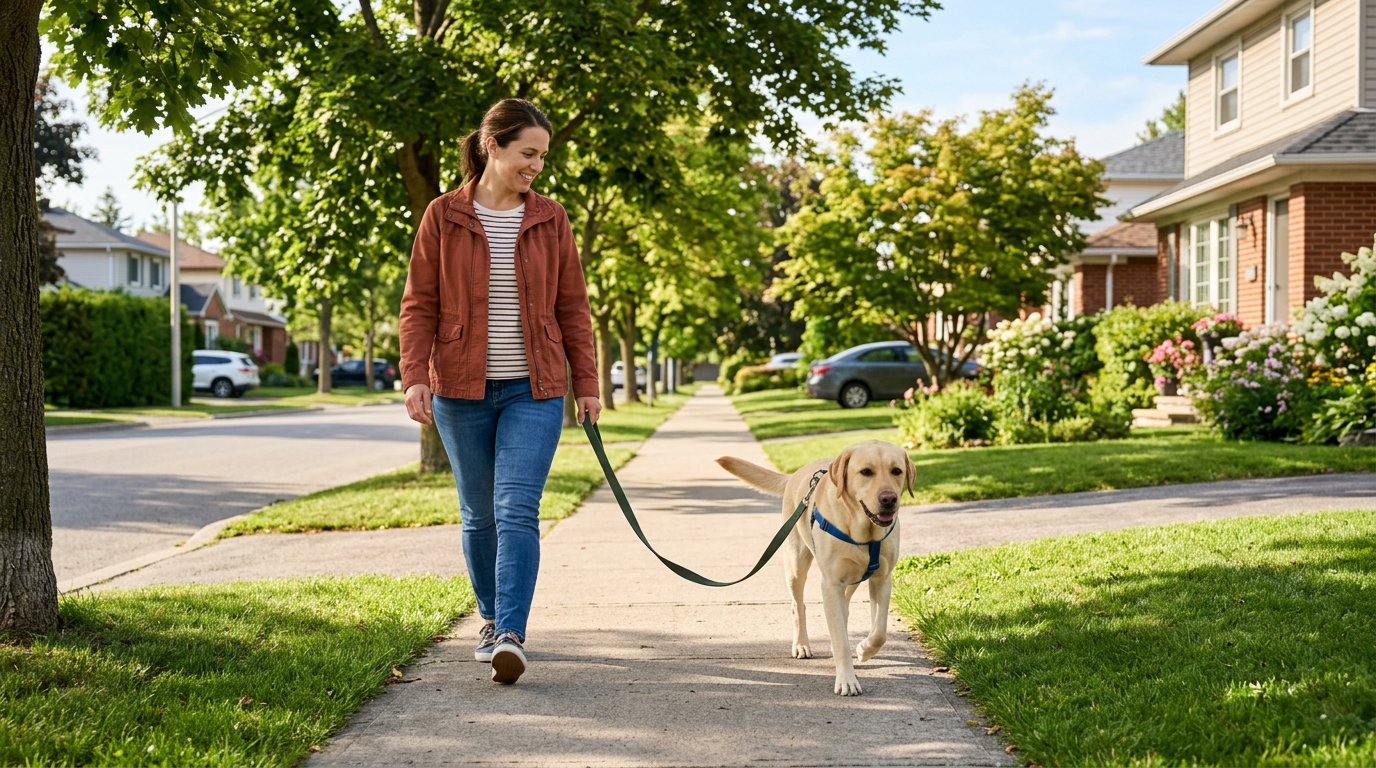 Dog walking calmly on loose lead beside owner on suburban footpath