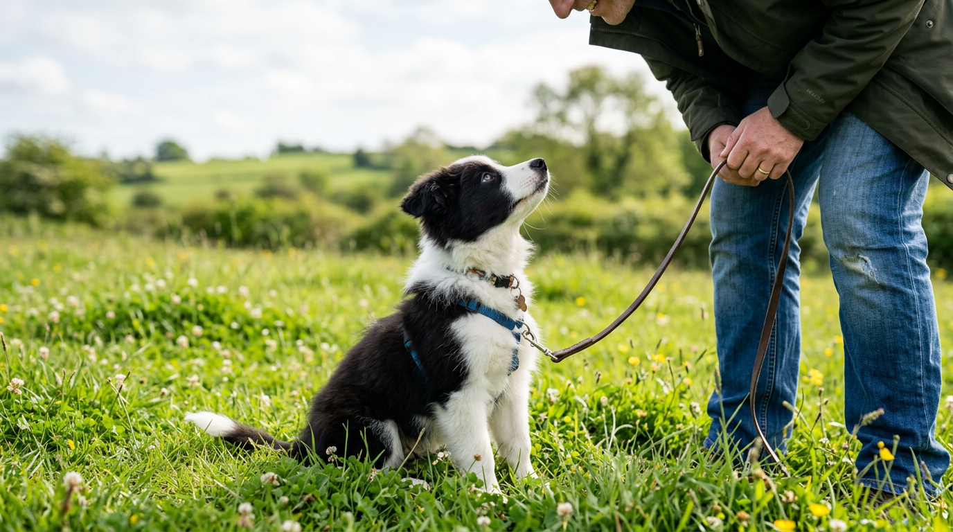 Herding breed puppy sitting still and looking attentively up at owner