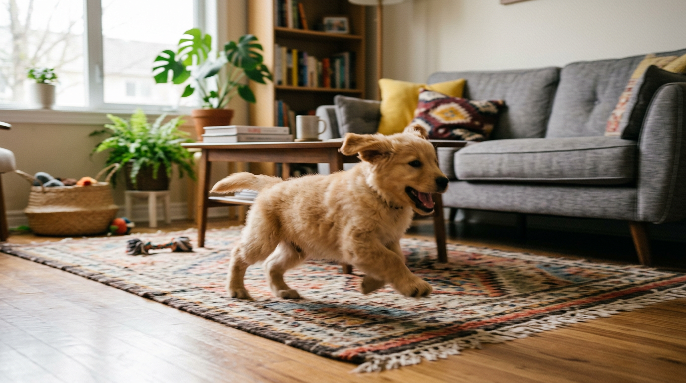Puppy mid-zoomies in living room showing over-aroused evening behaviour