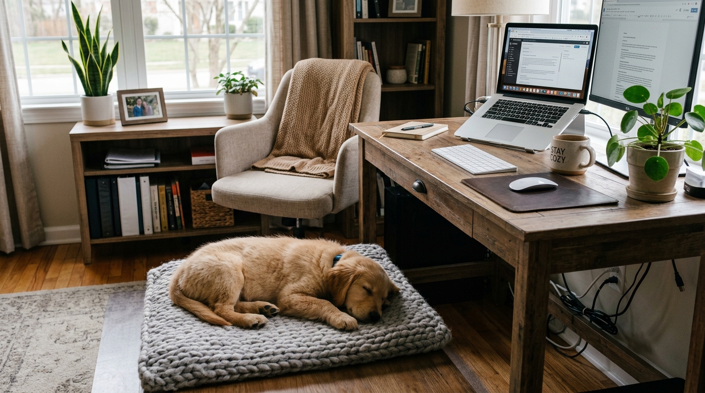 Puppy settled on mat beside home office desk showing independent settling behaviour