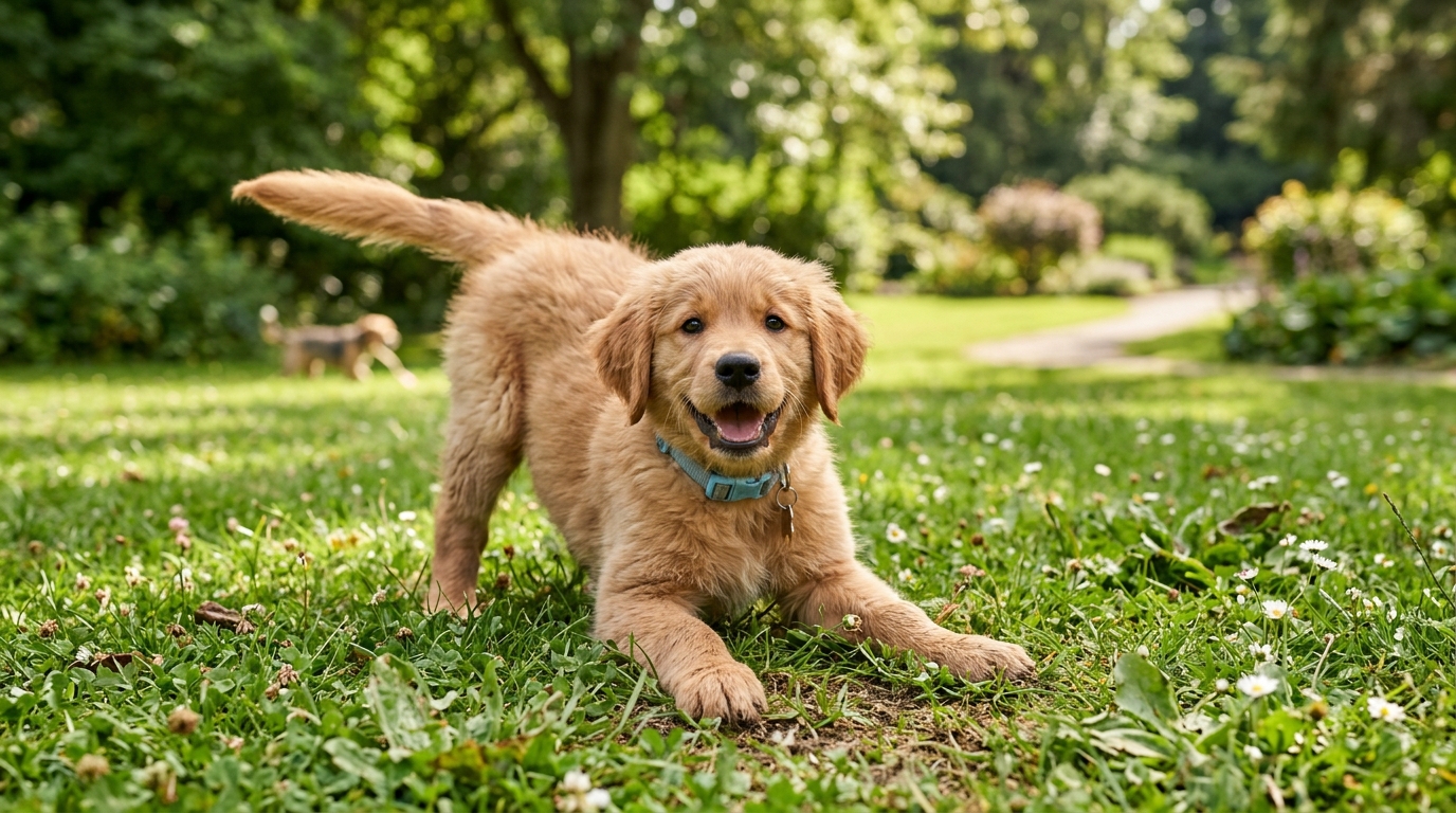 Puppy in relaxed play bow outdoors showing happy loose body language
