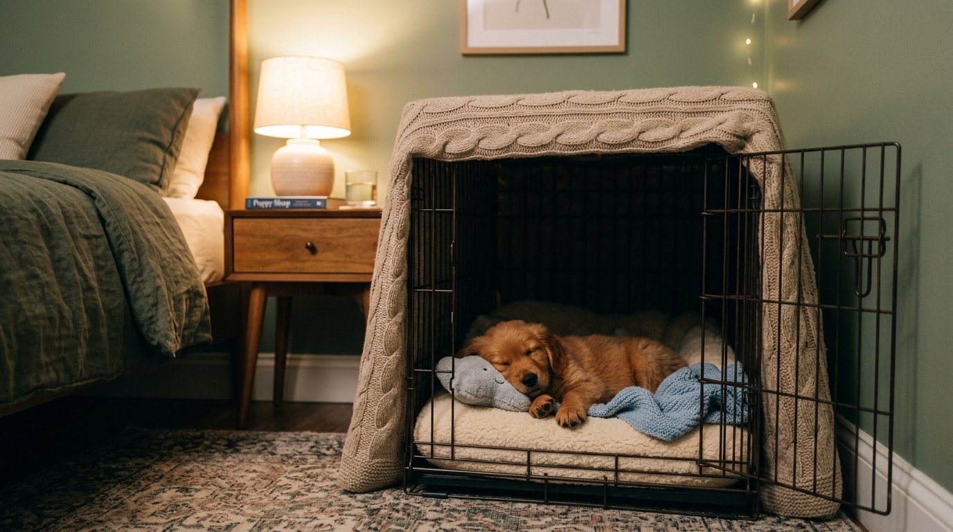 Puppy sleeping peacefully in covered crate in bedroom