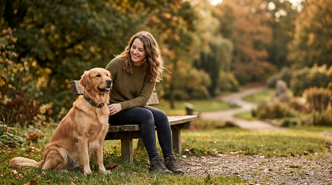 calm dog beside owner park — The Toe Beans Co dog training Sydney