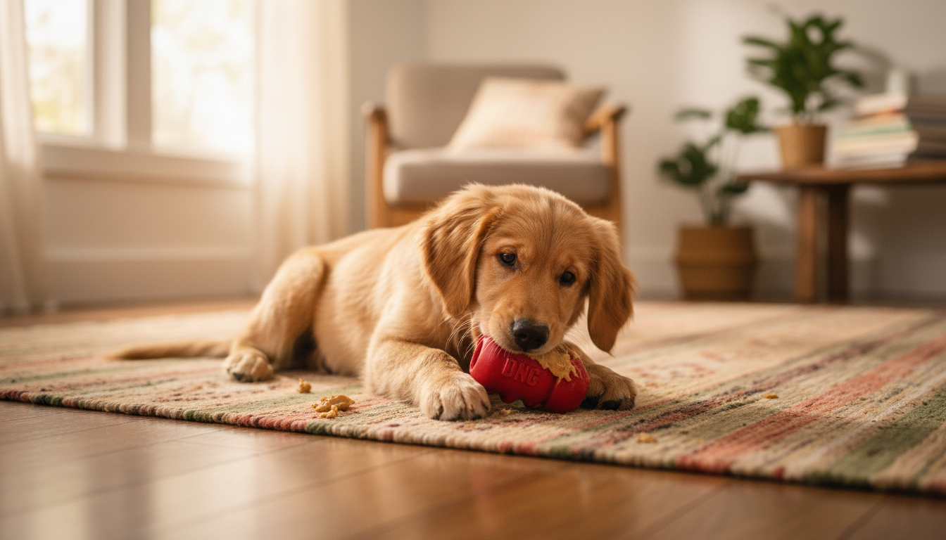 puppy chewing Kong toy enrichment — The Toe Beans Co dog training Sydney