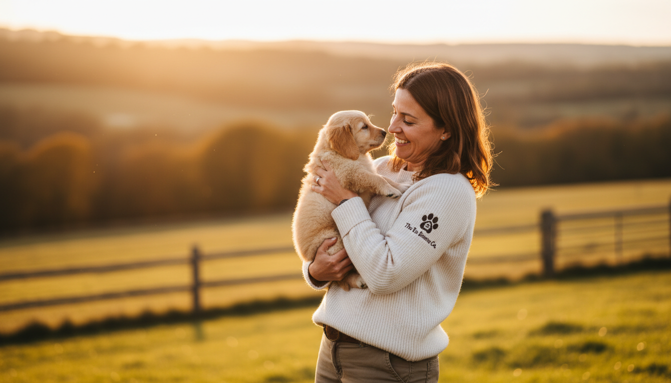 couple visiting a dog breeder to check a puppy litter
