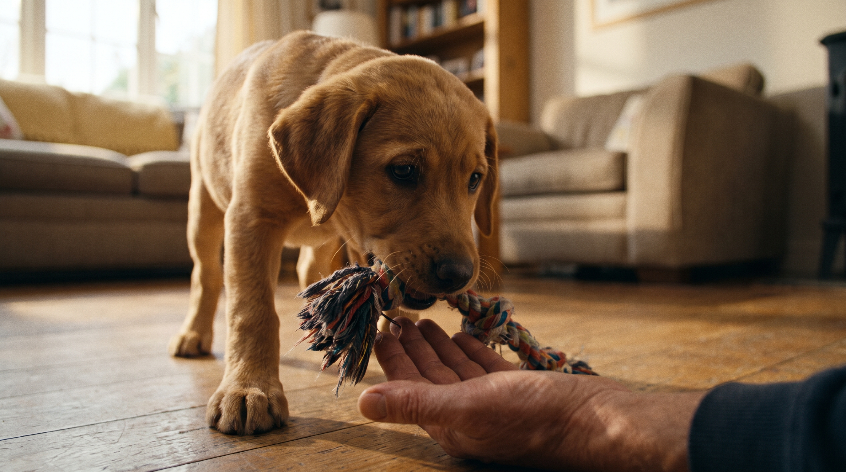 Puppy mouthing redirected calmly to a toy, bite inhibition training, The Toe Beans Co