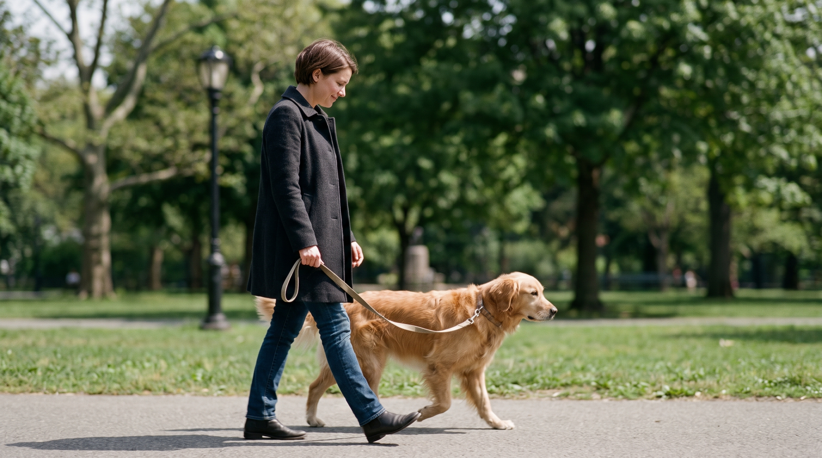Calm dog walking on a loose lead beside its owner on a quiet Sydney street