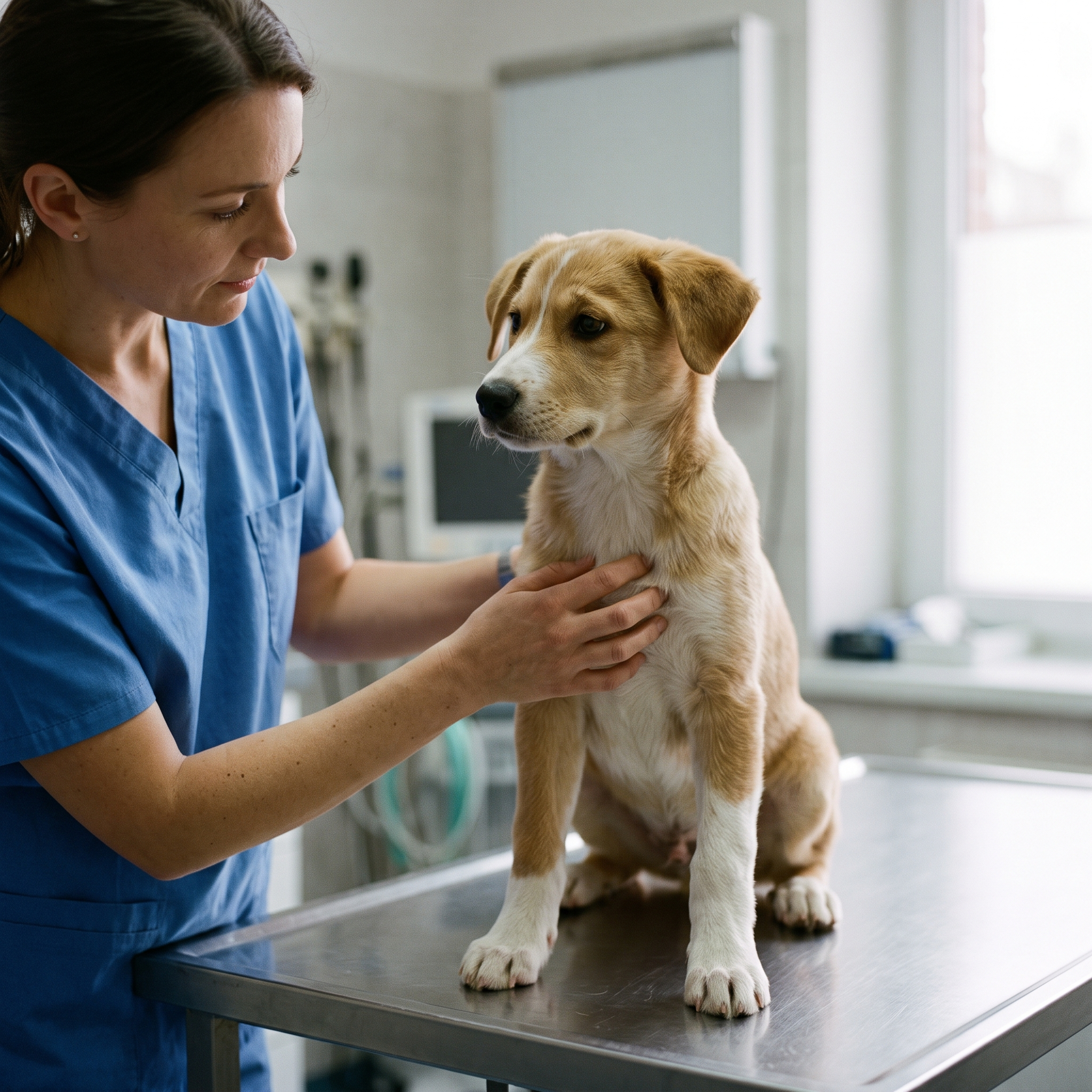 Puppy calmly sitting on an exam table during a positive vet visit