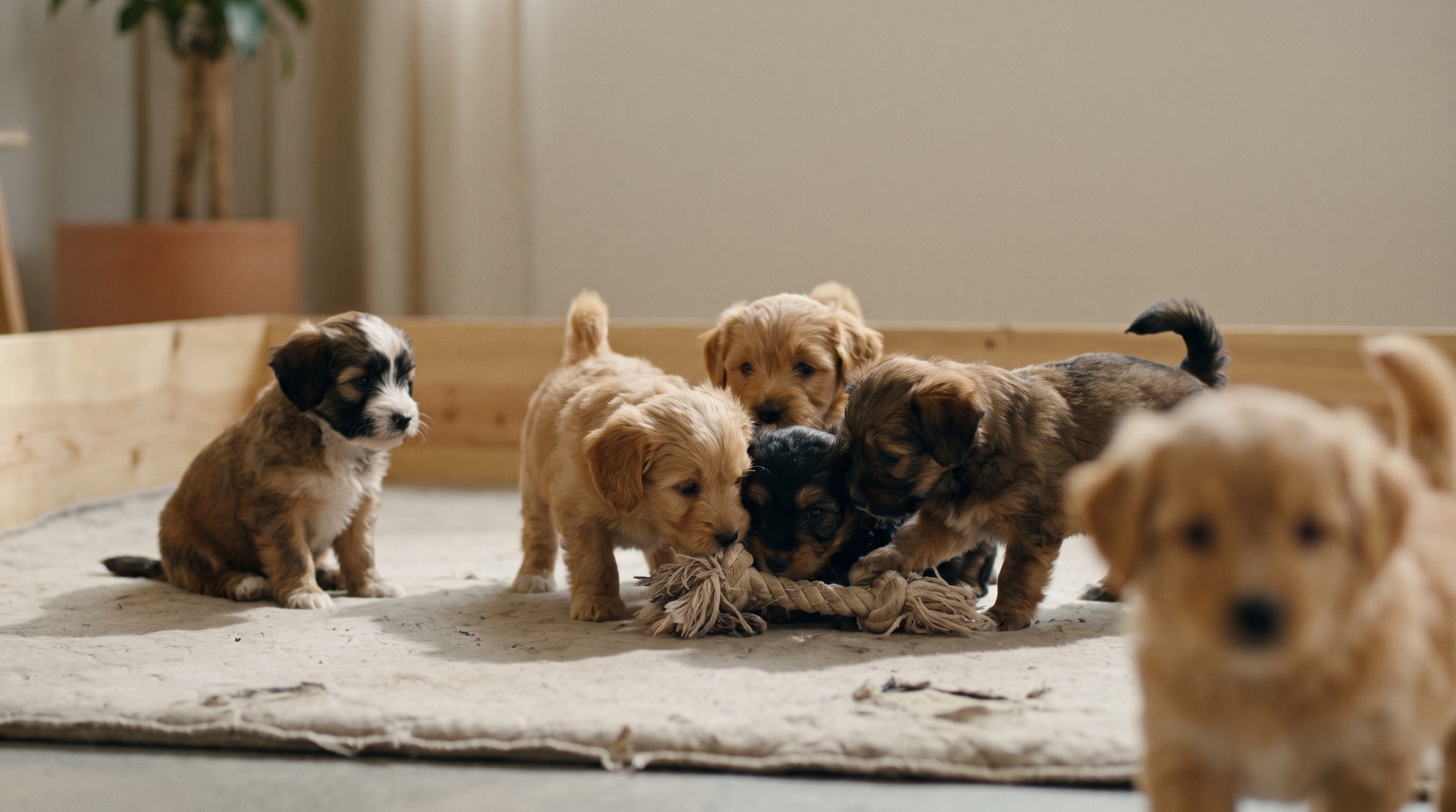 Small puppies matched by size playing calmly together indoors in a structured puppy school setting