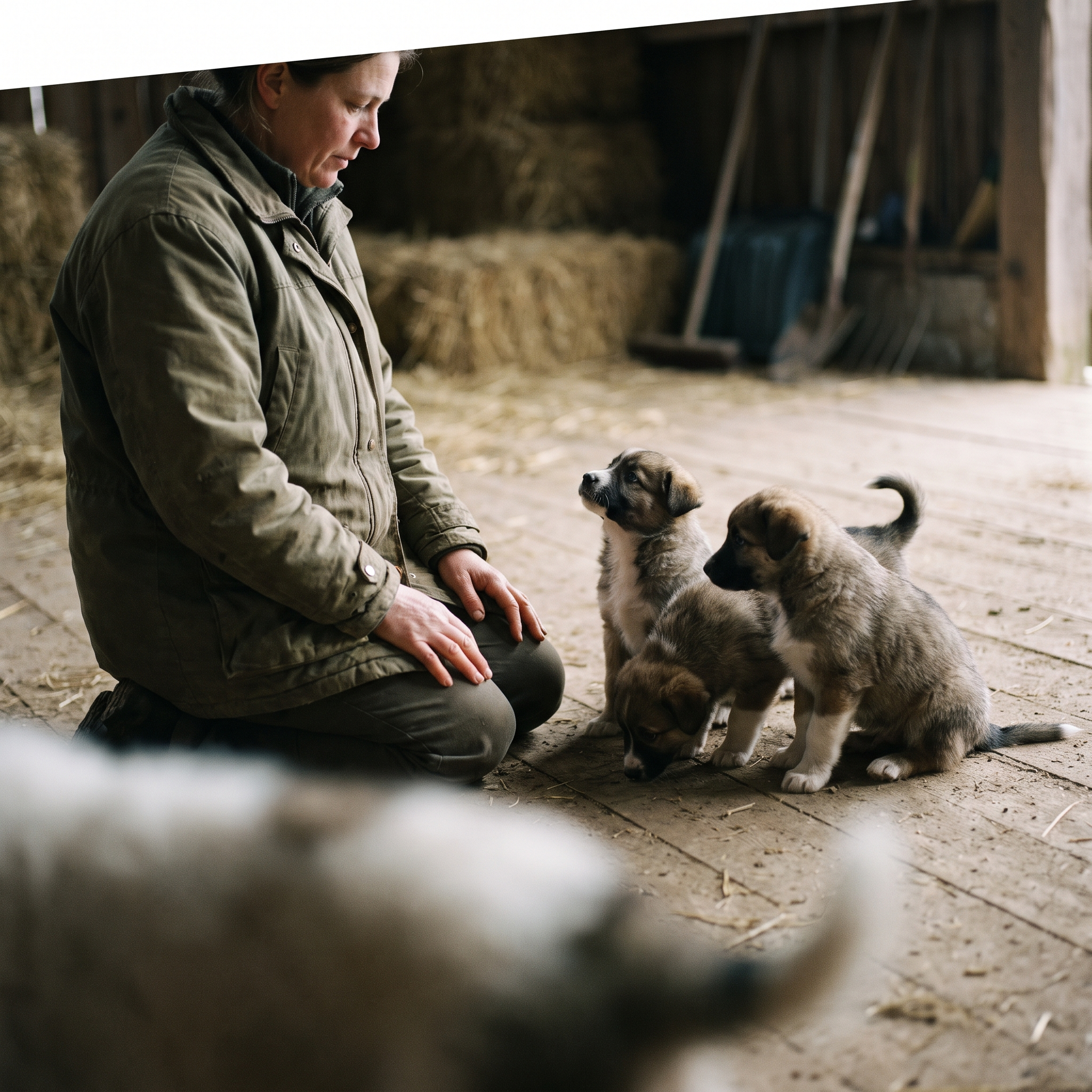 Puppy trainer kneeling calmly with a small group of size-matched puppies indoors