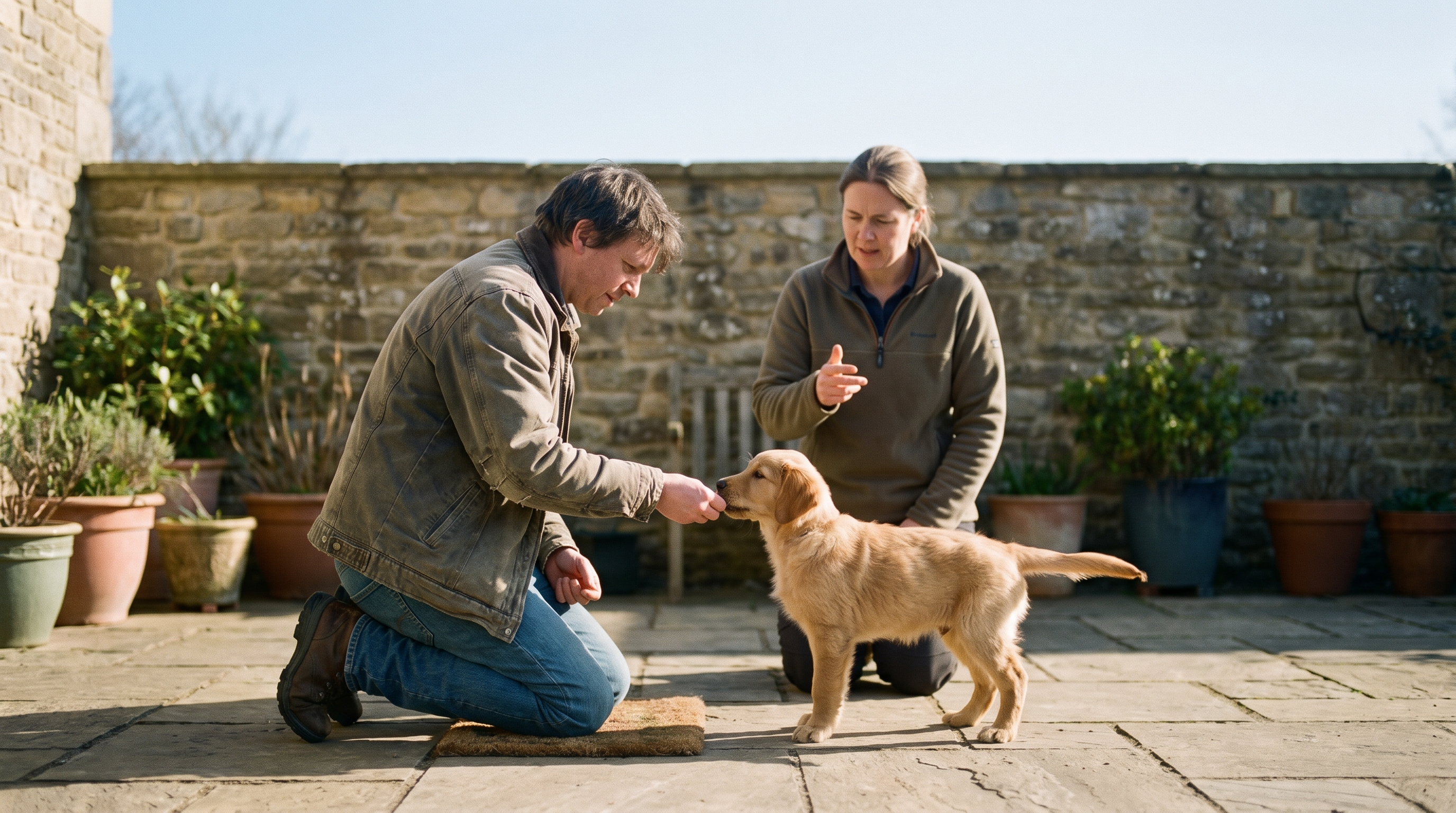 Puppy owner practising a calm exercise with their puppy while an instructor coaches nearby