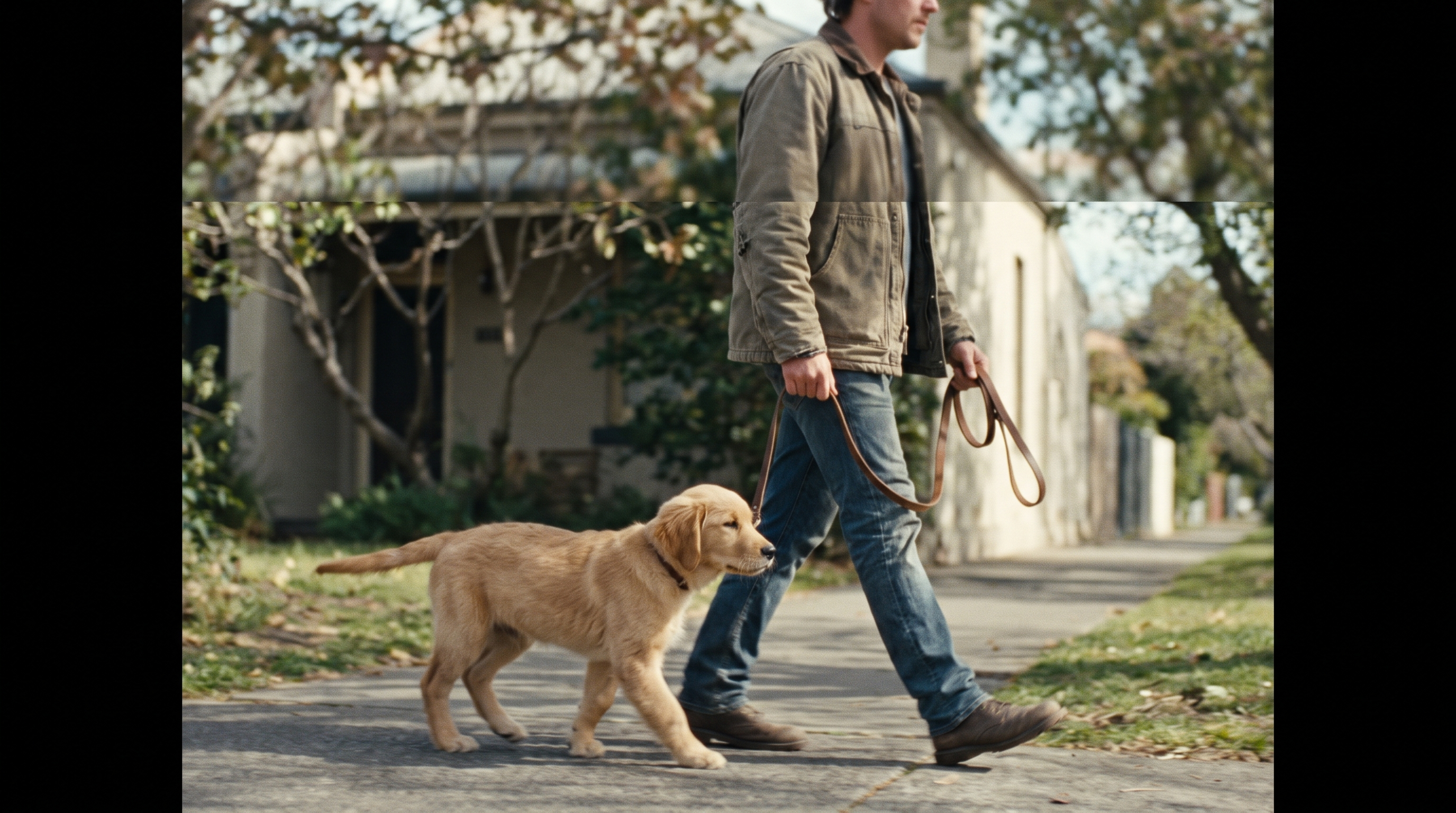 Puppy walking calmly on a loose slack lead beside its owner on a suburban footpath